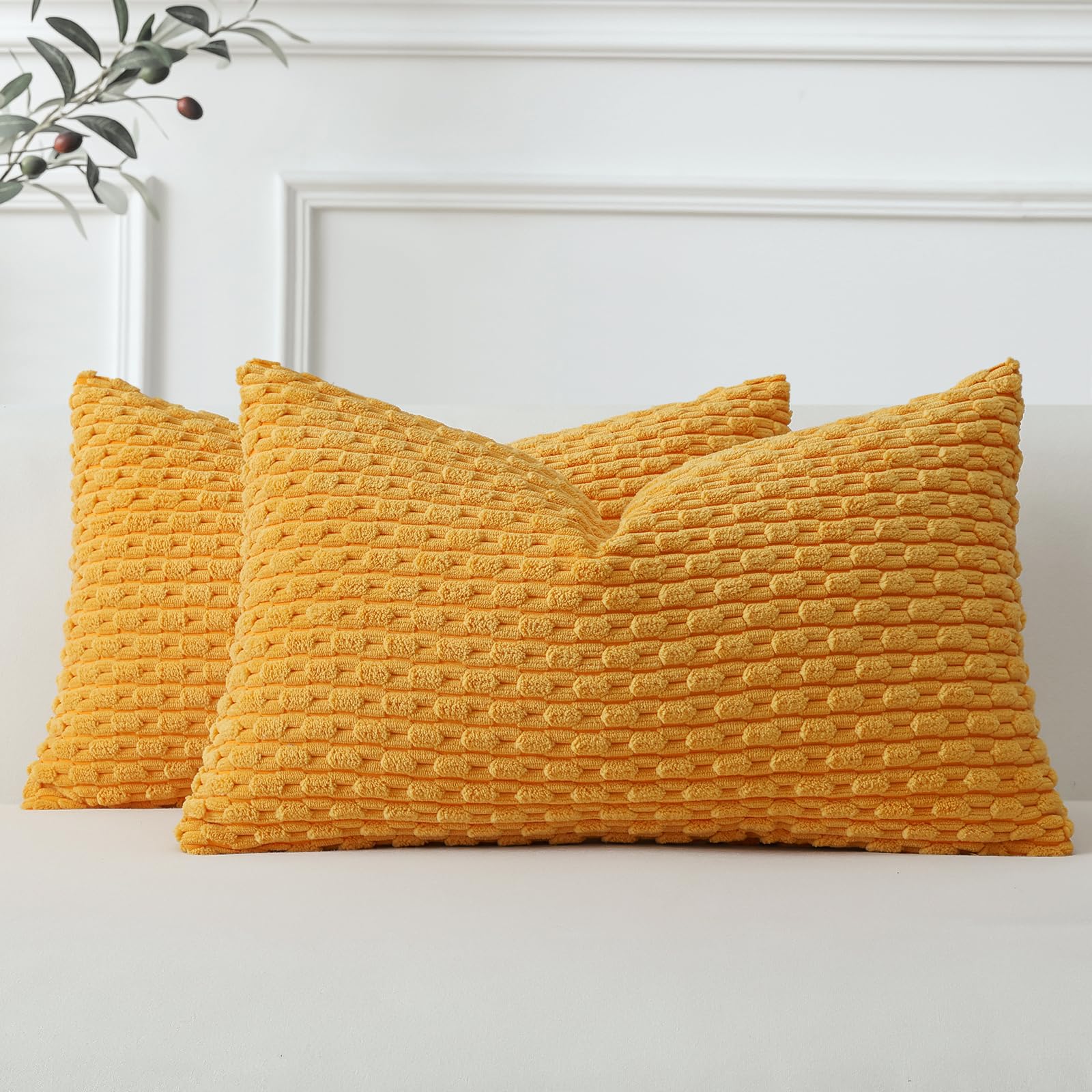 Sungeek Set of 2 Gold Yellow Soft Corduroy Decorative Cushion Covers Boho Striped Throw Pillow Covers for Sofa Couch Living Room Patio Farmhouse Home Decor Pillowcases 40x60cm