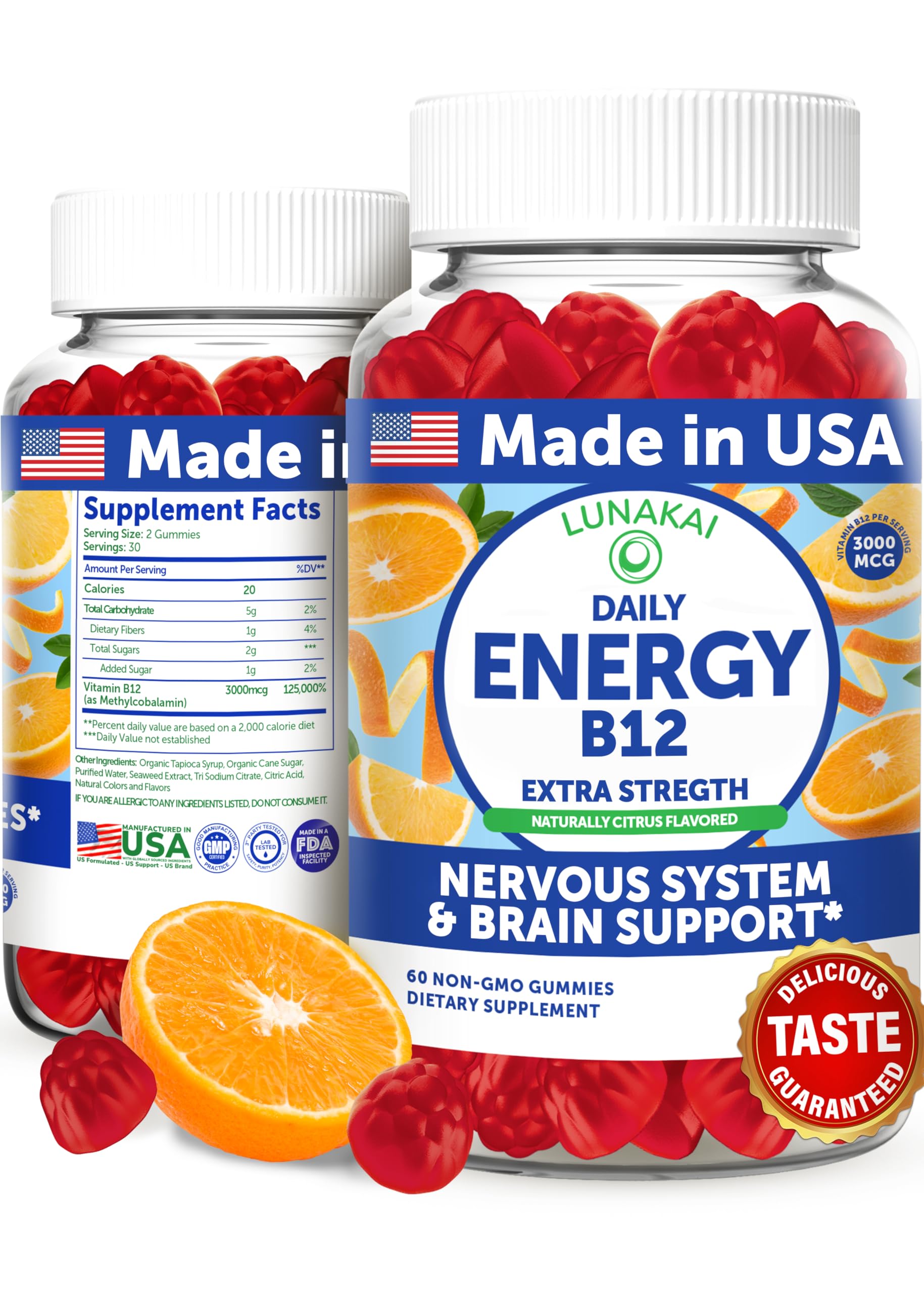 USA Made Vegan Energy Gummies – Daily Energy Supplements – 3000mcg Vitamin B12 Gummies for Women & Men – for Home or On‑The‑Go Use, 60ct