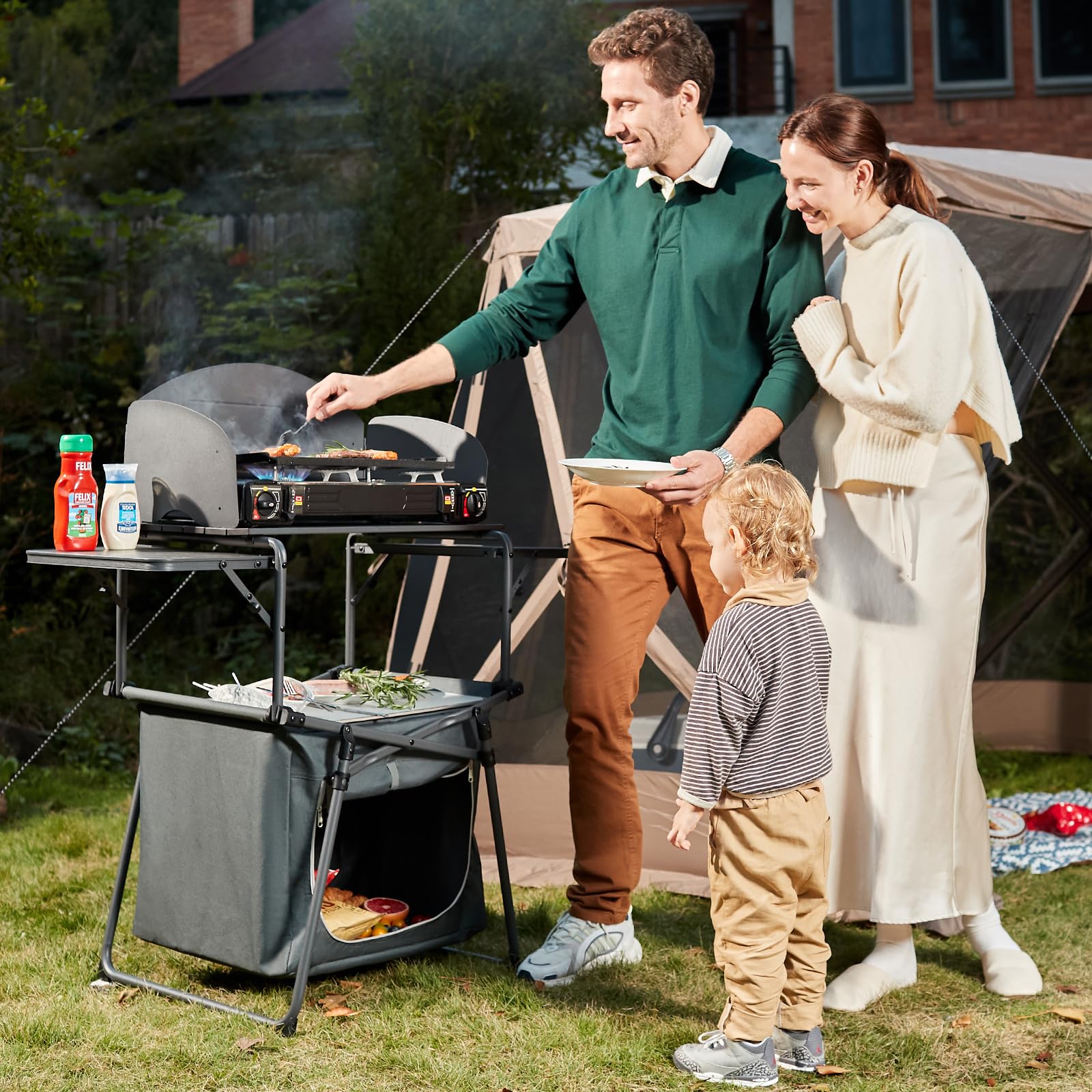 EVER ADVANCED Tavolo da campeggio pieghevole portatile con borsa portaoggetti, tavolo grill con parabrezza per cucinare all'aperto, barbecue, picnic e campeggio, con borsa per il trasporto