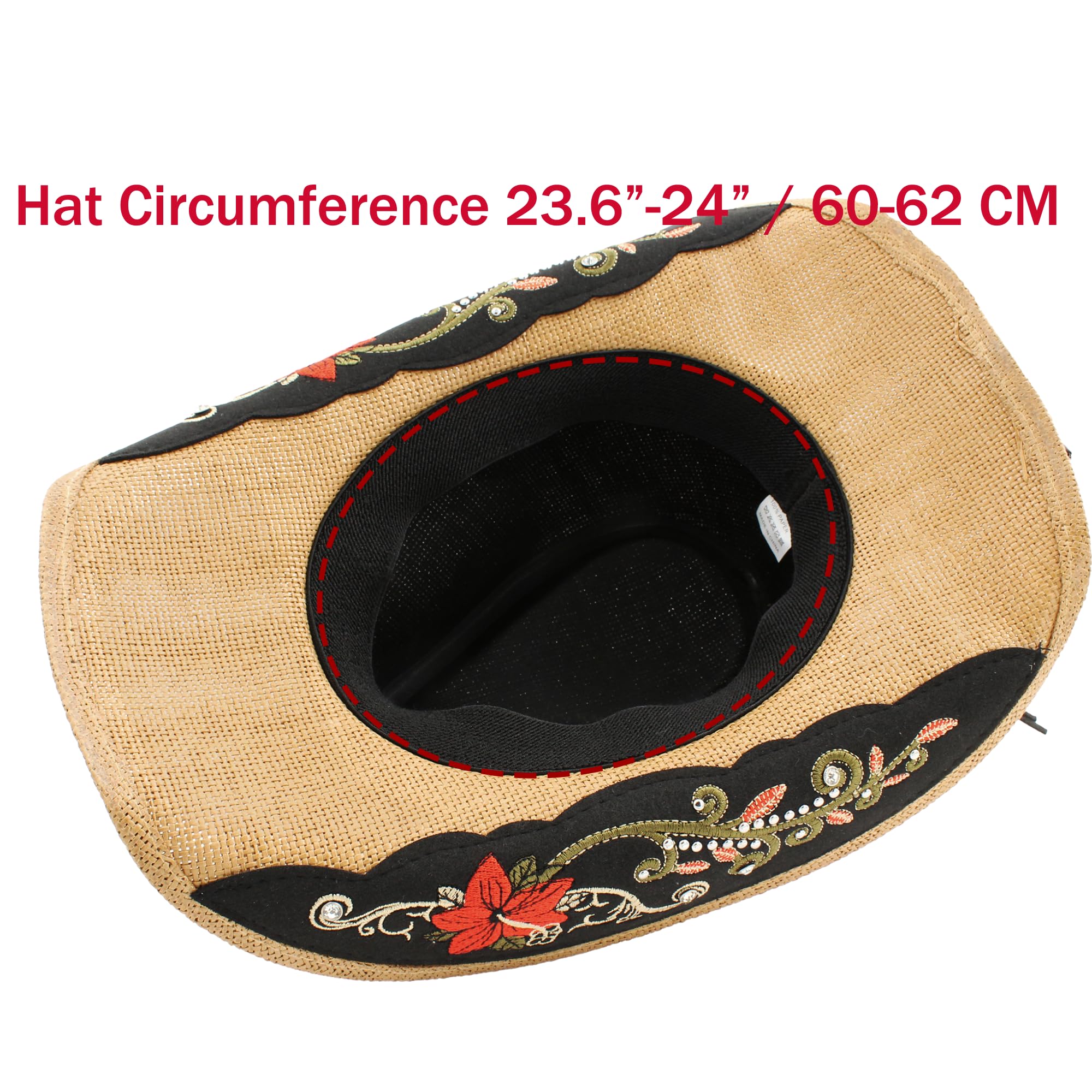 Carnavalife Sombrero de Cowboy/Cowgirl de Paja Fuerte Panamá, Sombrero Texas, Sombrero Vaquero Bordado Floral Unisex Talla única Hombre Mujer Coachella