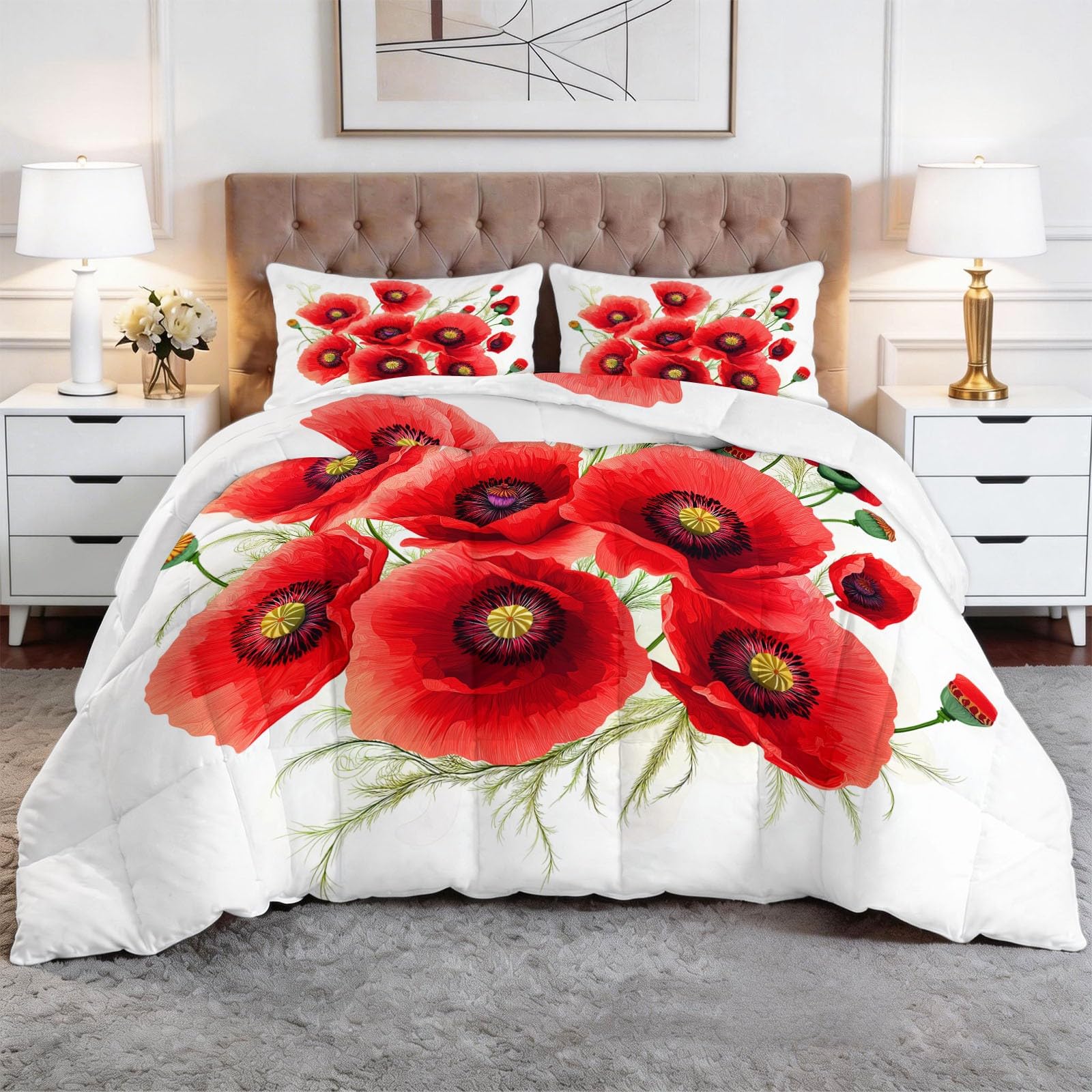 135 x 200 cm Bettdecke 4-Jahreszeiten Steppdecke 3-teilige Bettwäsche, Gelb Traditionell Blumen Mohn Weiche Microfaser Steppdecke Winter & Sommerdecke für Erwachsene, Kinder & Allergiker