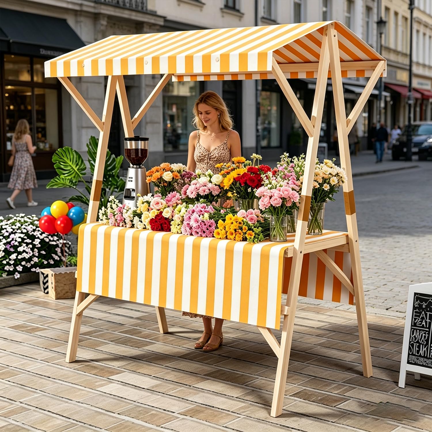 Składany wózek koncesyjny na zewnątrz, mobilny stojak na automaty z baldachimem, solidny drewniany wózek na kółkach na wesela i imprezy, 150 x 60 cm