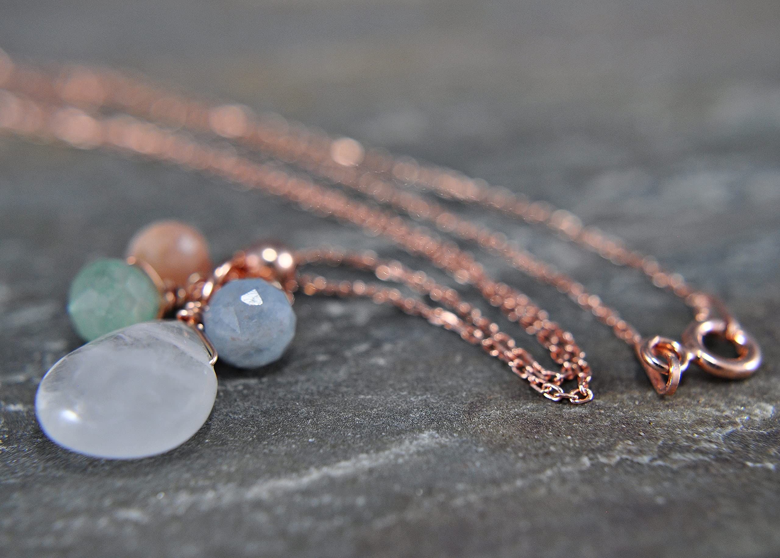 925 Silber - Edelstein-Kette - bunt -roségold - Bergkristall - Sonnenstein - Aventurin - Aquamarin - Geschenk - Geburtstag - Weihnachten