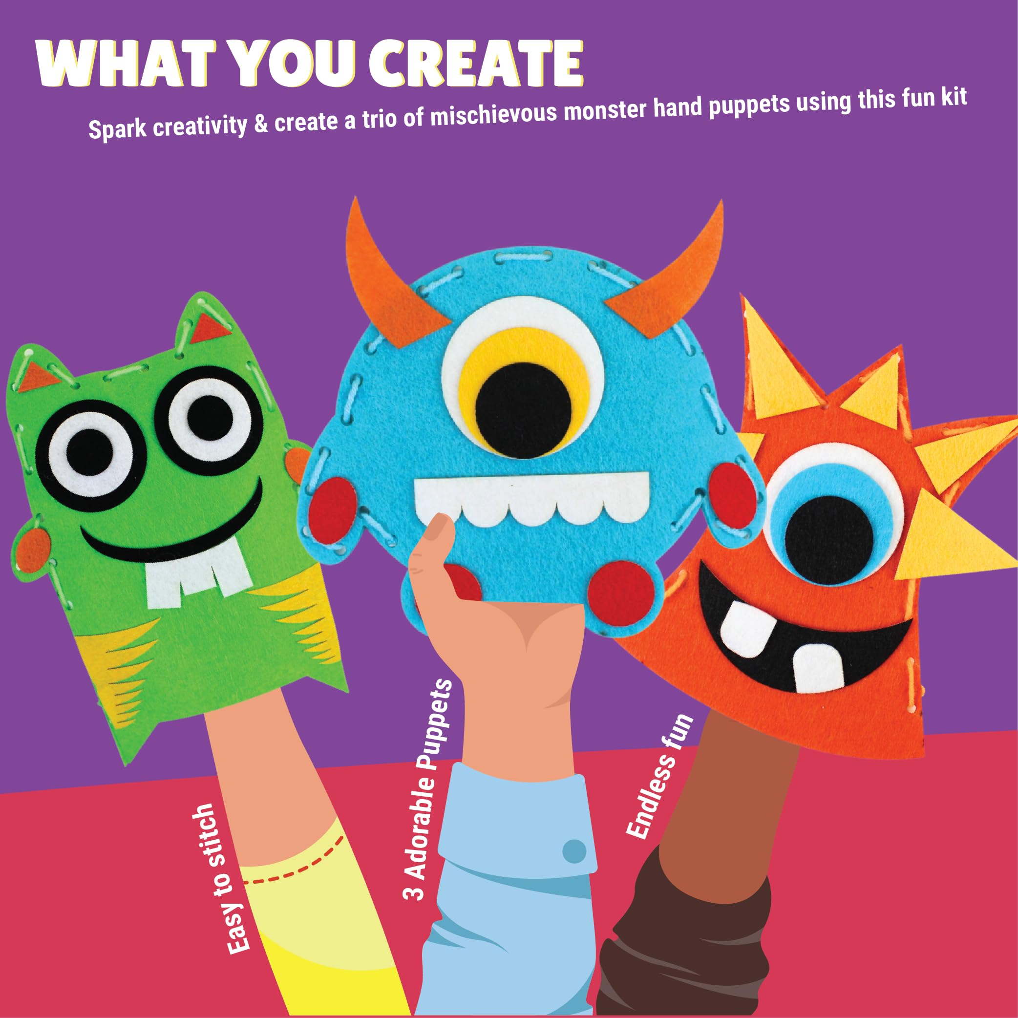 Kalakaram Monster Puppets Making Art and Craft Kit, Make 3 Cut and Paste Jumbo Puppets, Fun and Learning Return Gift for Kids Ages 5 and More - Image 4 thumbnail
