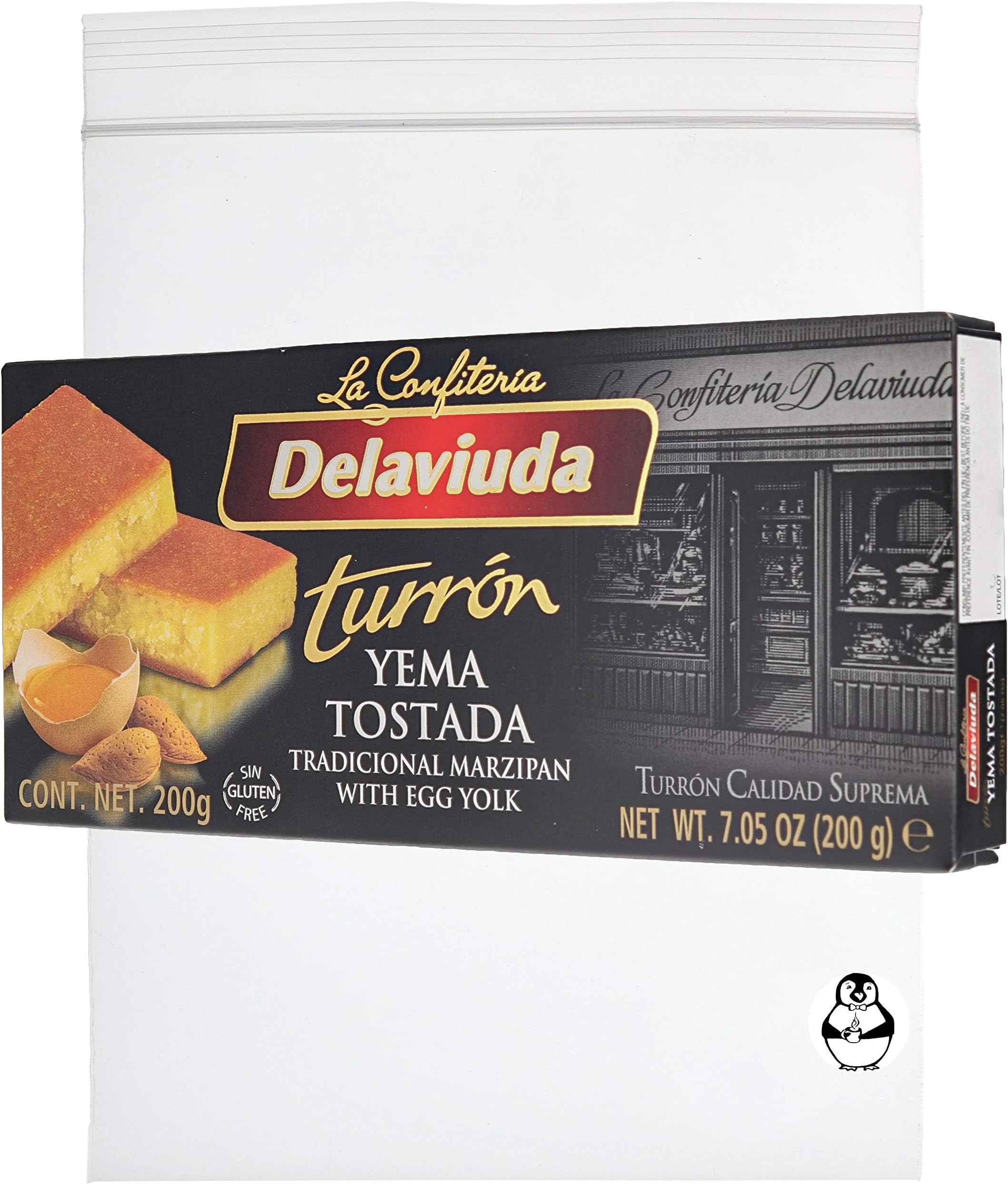 Delaviuda Yema Tostada Turron - Traditional Marzipan with Egg Yolk - Calidad Suprema - W/Premium Penguin Quick Storage Pouch