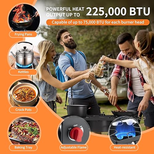 Miniatura 3 de Quemador de propano de alta presión, estufa de campamento de 3 quemadores con patas desmontables, quemador de estufa de gas propano de 225,000 BTU