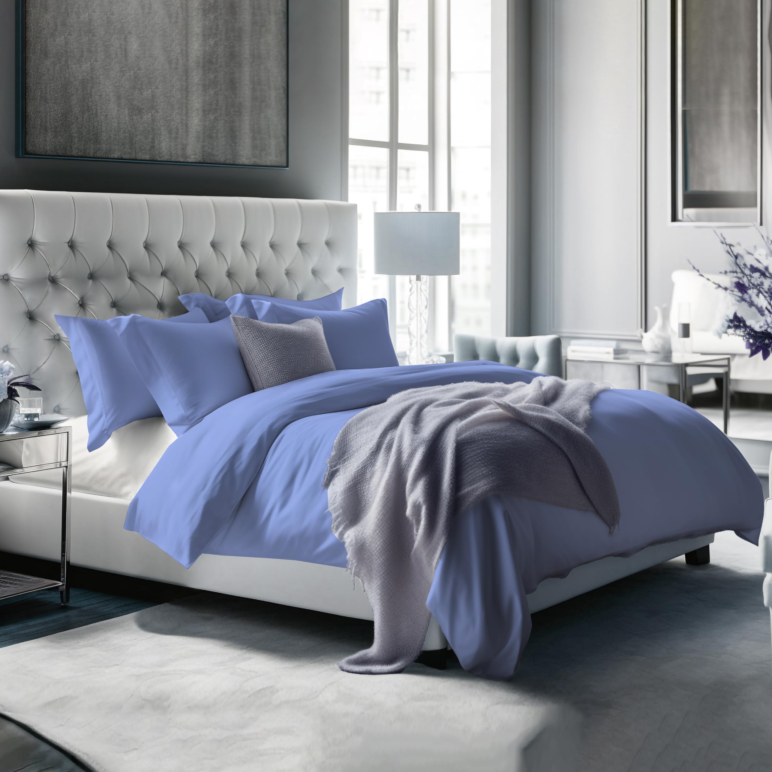 PERLARARA Copripiumino Matrimoniale in Cotone Percalle, Parure Copripiumino Sacco Con 2 Federe, Copripiumone Tinta Unita Azzurro anche Letto 2 Piazze Maxi