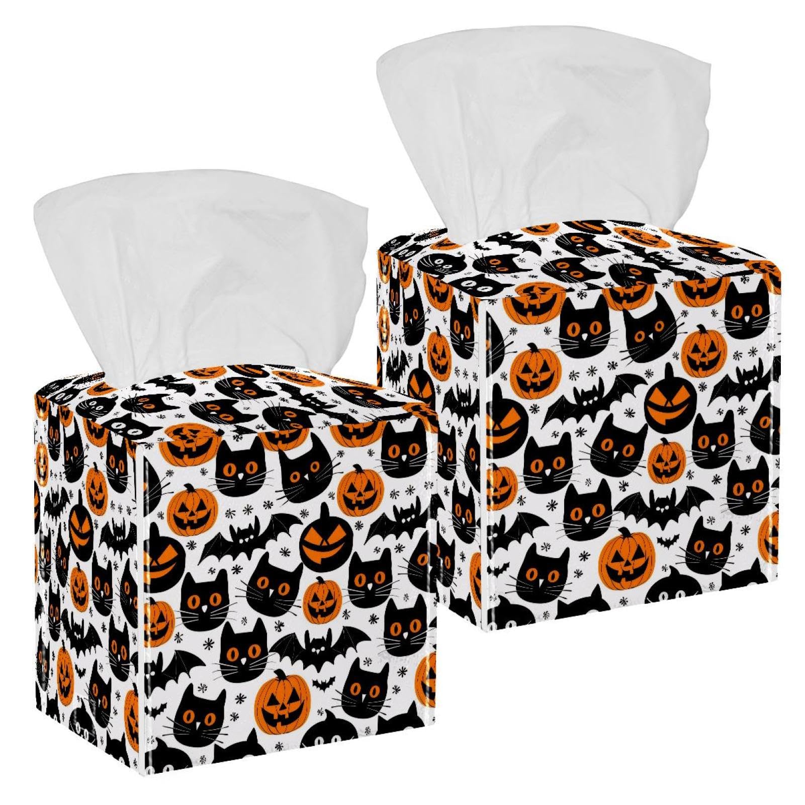 Halloween Bat Pumpkin Tissue Box Cover, 2 Pack PU Leather Square Facial Tissue Dispenser Box holder for Home Office Car