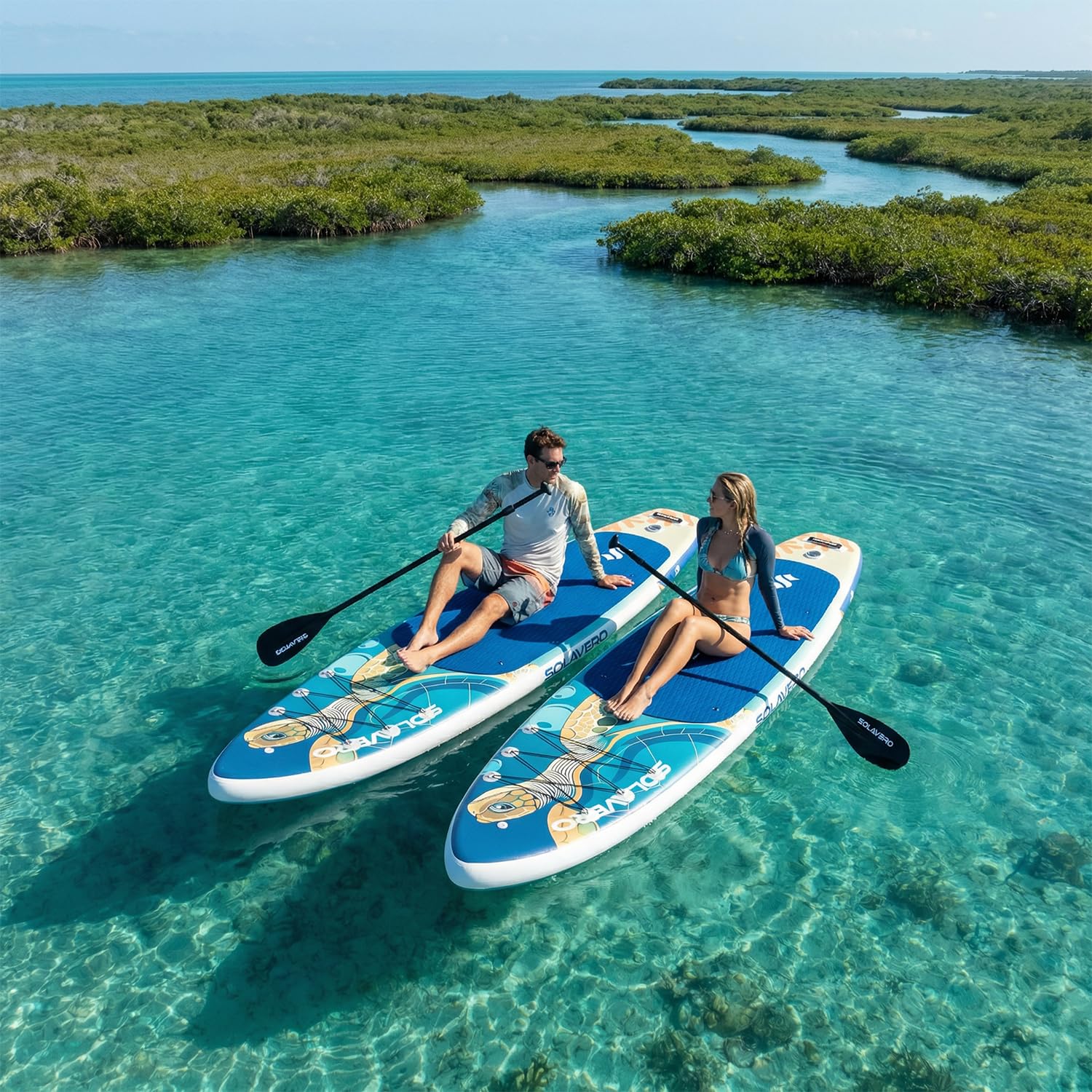 SOLAVERO Aufblasbares Stand Up Paddling Board 335 x 86 x 15 cm, bis 200 kg | SUP Board Set mit Komplettset, Paddel, Finnen & Luftpumpe, PVC Stand Up Paddle für Erwachsene, Familien und Anfänger