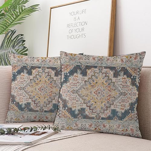 Juego de 2 fundas de almohada bohemias de 18 x 18 pulgadas, diseño étnico de lino, alfombra persa, patrón tribal, fundas decorativas para sala de