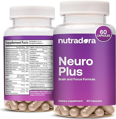 Nutradora Neuro Plus - Suplementos cerebrales para la memoria y la concentración, fórmula avanzada de memoria, refuerzo cerebral y cápsulas de apoyo