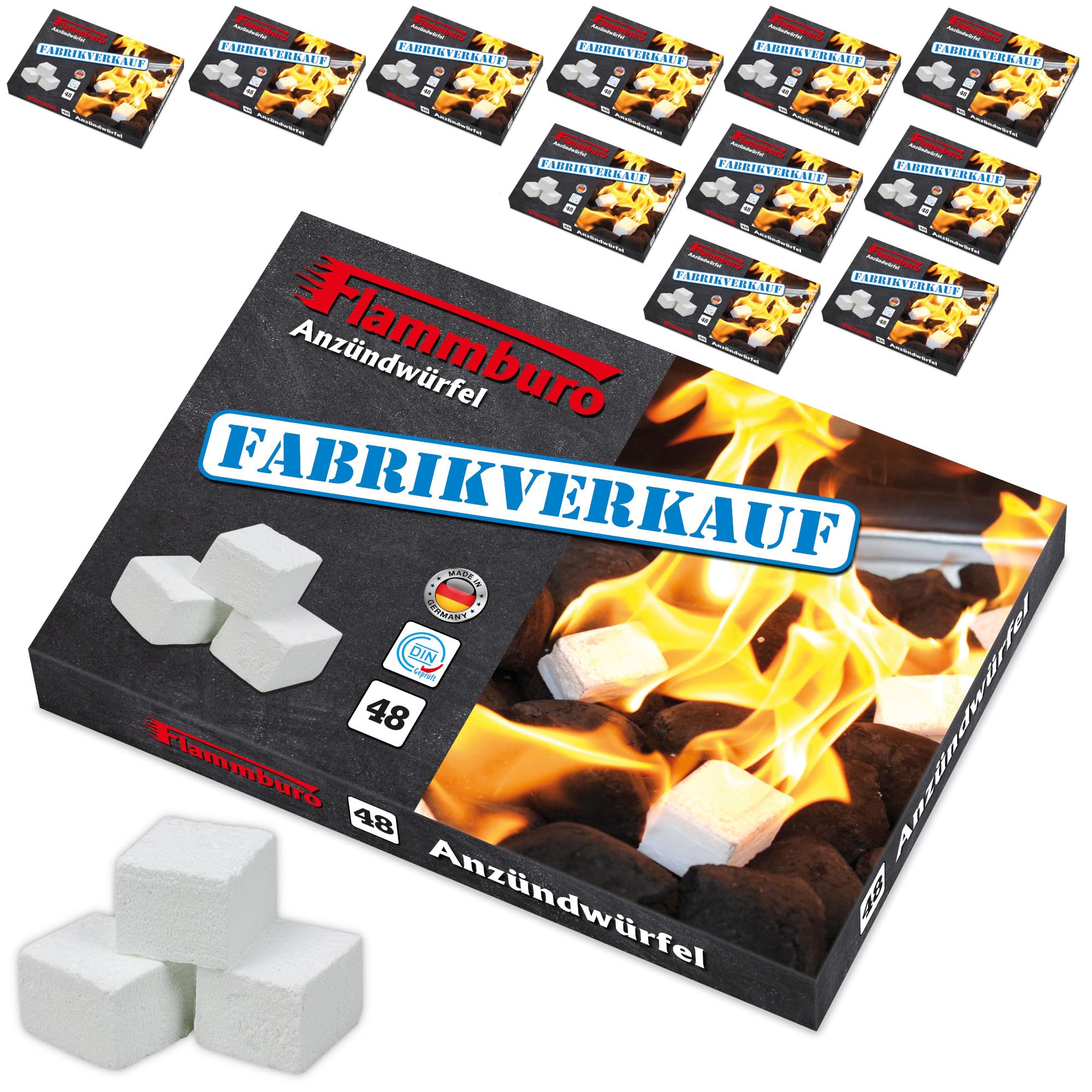 FLAMMBURO | Anzündwürfel Paraffin | 576 Würfel in 12 Platten | Sauber portionierbar und geruchsarm | Für Grill, Kamin und Ofen