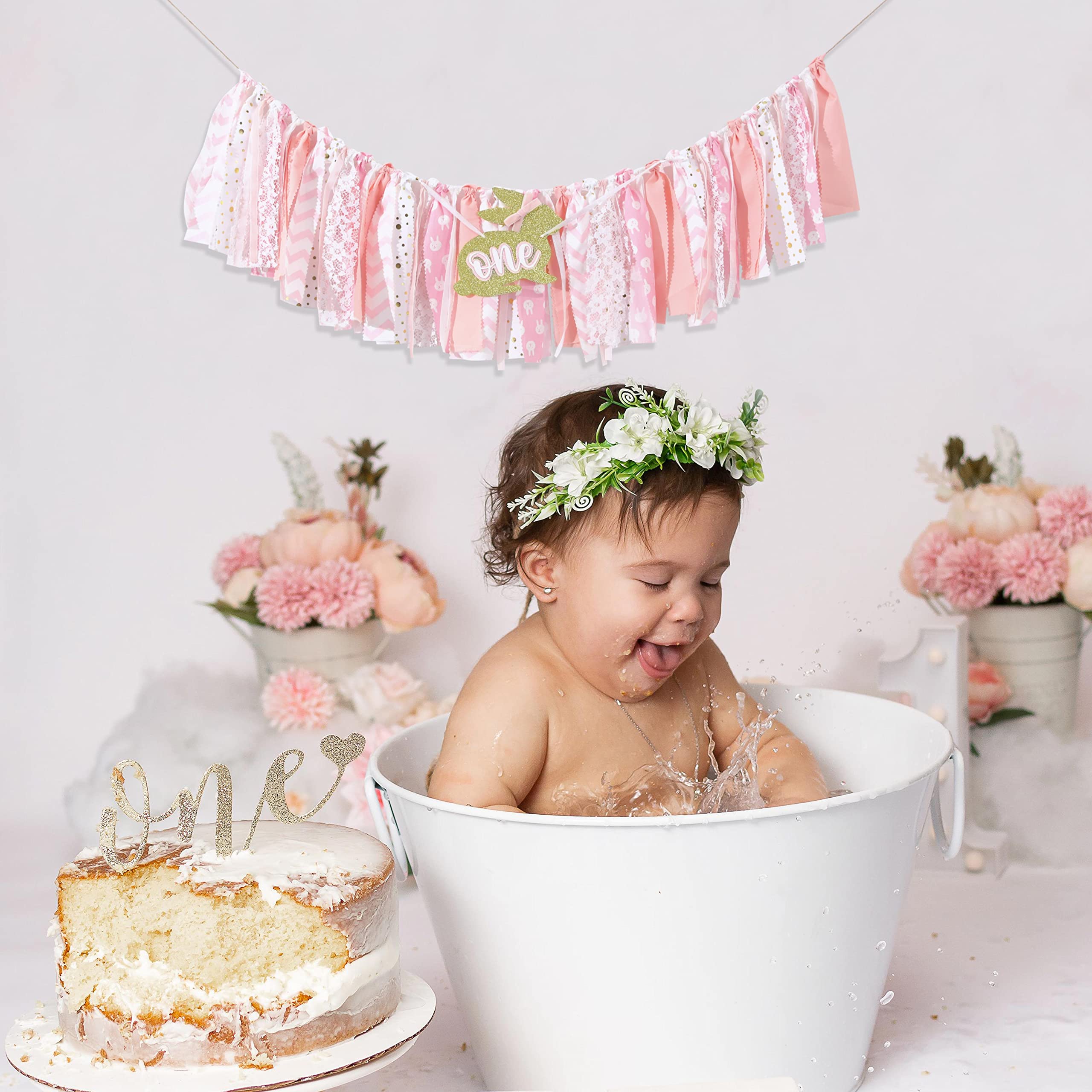 Pink Bunny 1st Birthday High Chair Banner - Some Bunny Is One Banner, Rabbit Theme Photo Props For Baby Girl