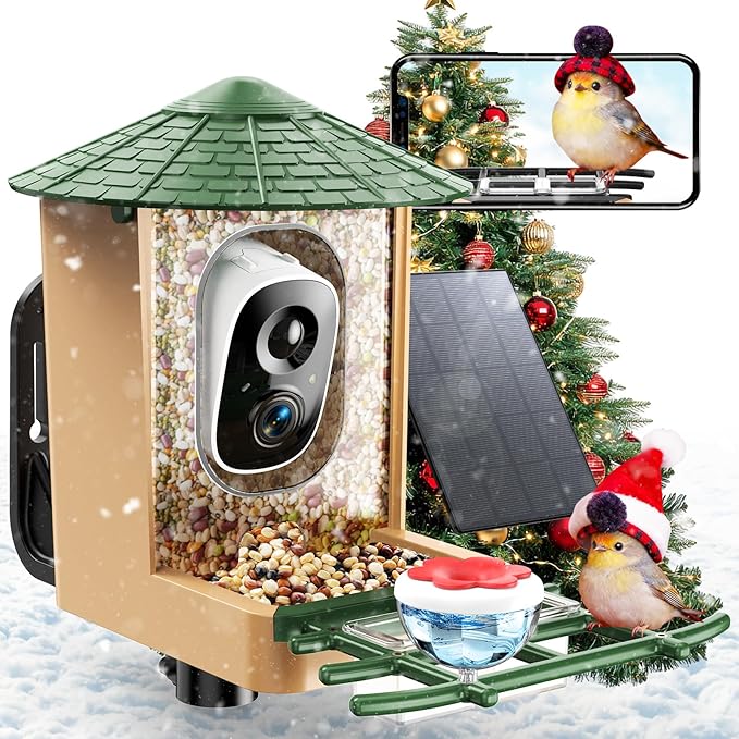 Smart Bird Feeder with Camera with AI Identify Birds Species & Solar Panel, WiFi Birdfeeder with Cam, 2K Live View, Chew-Proof & Waterproof Design, Real-Time App Alerts, Gift for Bird Lovers, Green