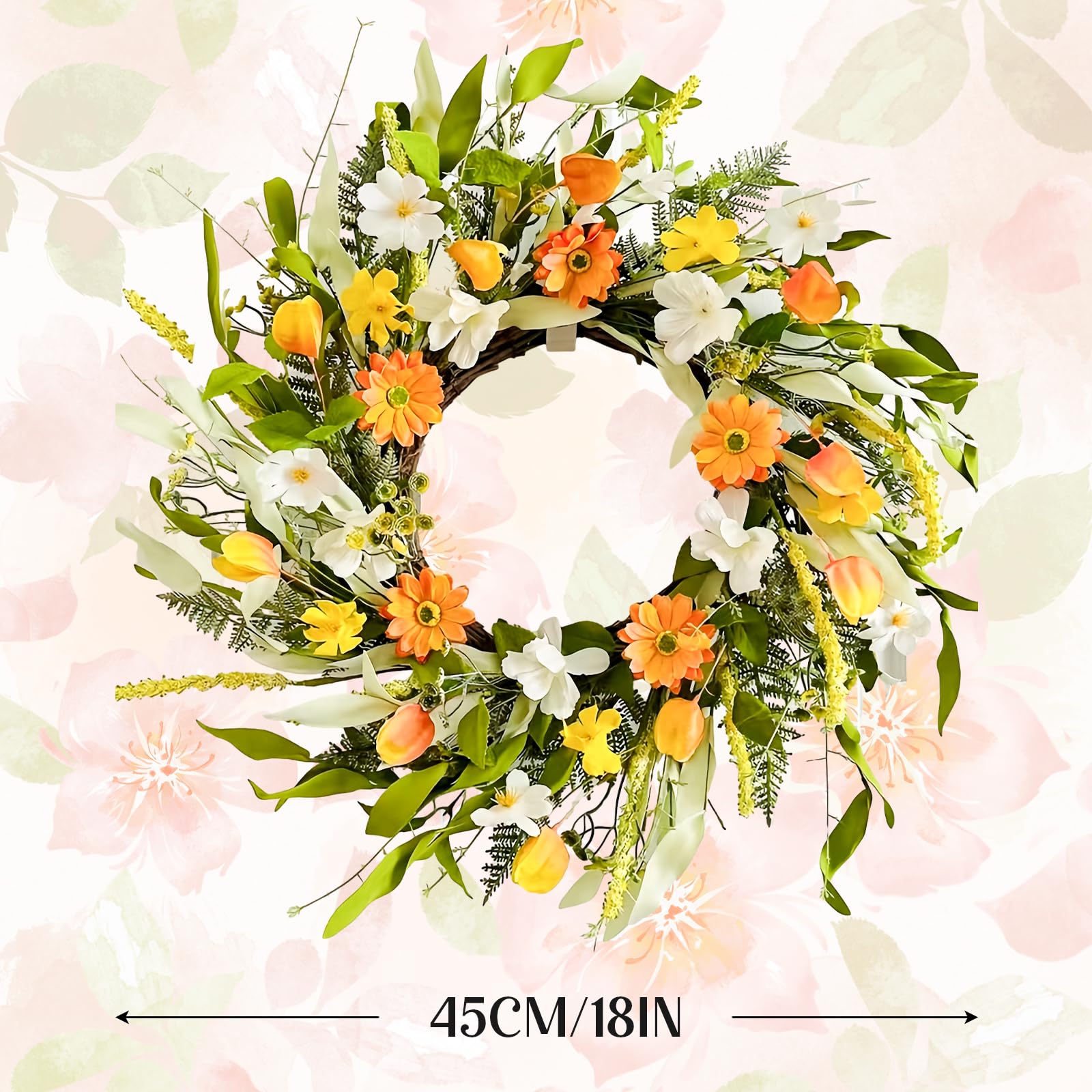 Ghirlanda Primavera 45 Cm Con Fiori Artificiali - Decorazione Porta D'ingresso O Tavolo, Fogliame Realistico