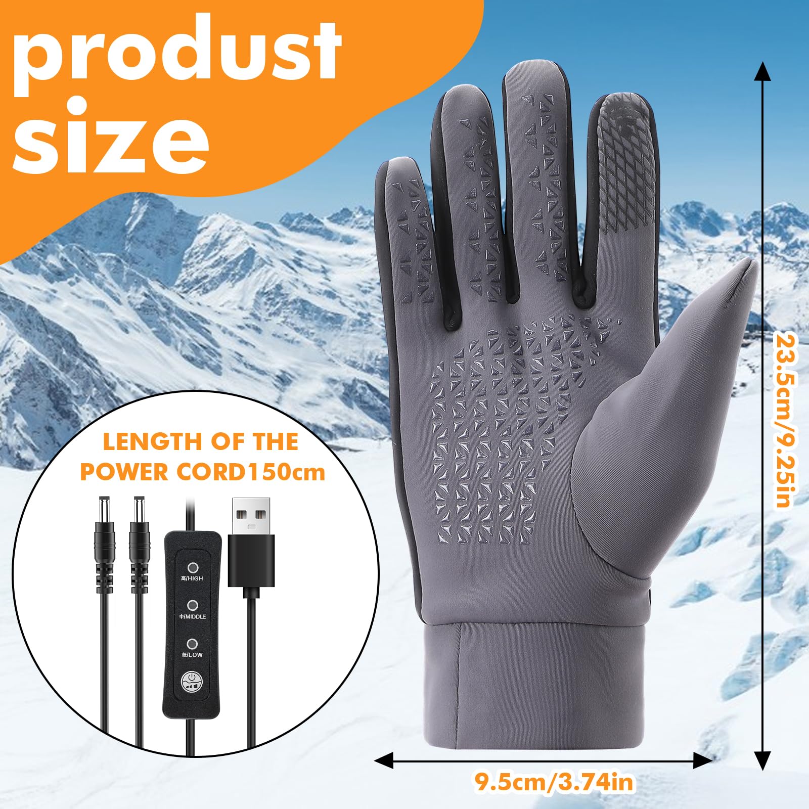 USB Guantes Calefactables, 3 Guantes de Temperatura Ajustable Impermeables Antideslizante Guantes Invierno Guantes Eléctricos Calefactables con Dedos Completos para Outdoor Ciclismo Senderismo