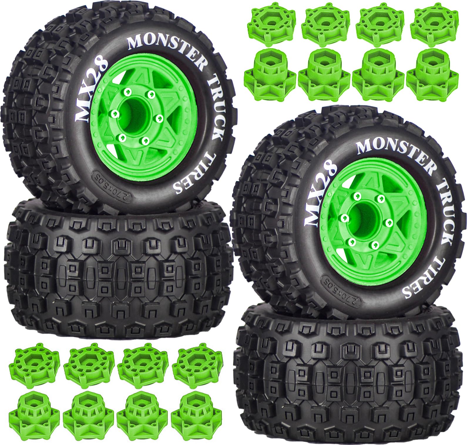 MX28 opony i koła 2,8" do modeli RC 1/10 ARRMA Big Rock, granit, Senton, Vorteks i Traxxas Slash, Stampede Rustler, Hoss (zielone)