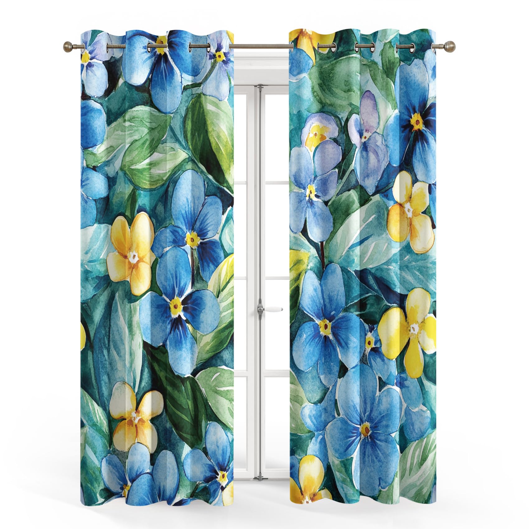 Générique Rideau Occultant Fleur Bleue, Rideaux Motif Floral Botanique, Rideau Thermique Isolant à Oeillets, Rideaux Fenetre Imprimé pour Salon Chambre Décoration, Lot de 2, 160x240 cm
