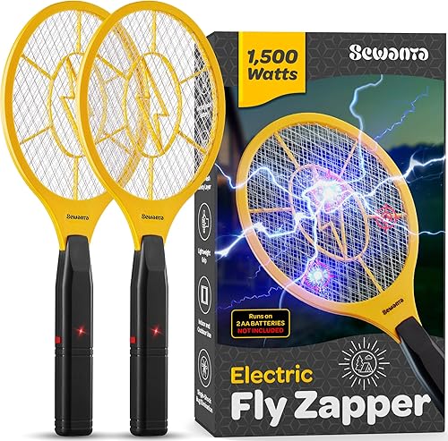 Raqueta Matamoscas Eléctrica de Mano Zapeador de Insectos para Interiores/Exteriores - Potente 1500 Voltios Instantáneo Moscas/Insectos y Mosquitos