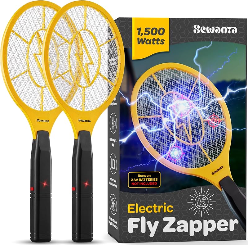 Matamoscas eléctrico [Juego de 2] Raqueta exterminadora de insectos de mano para interior/exterior - Potente moscas instantáneas de 1500 voltios/insectos y mosquitos - Exterminador de moscas portátil con pilas (pilas AA no incluidas)