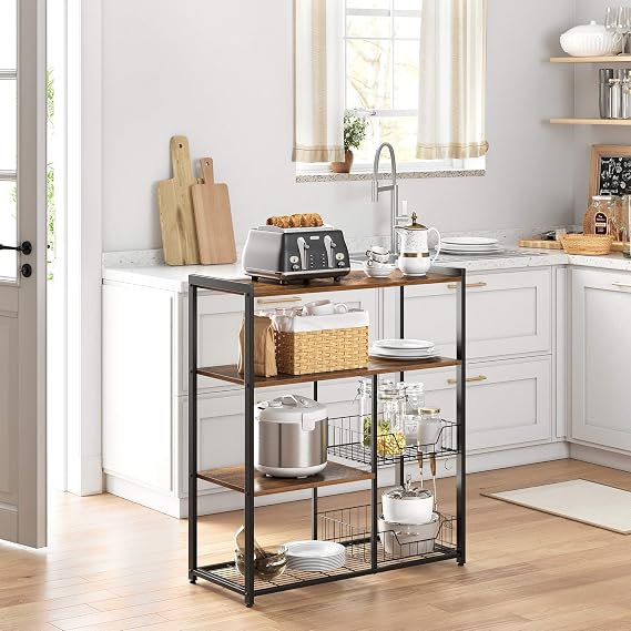 VASAGLE Rustic Brown KKS96X Microwave Kitchen Storage Cabinet with 2 Mesh Wire Baskets 4 Tier Hooks Included 80 x 35 x 95 cm
