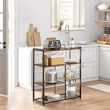 VASAGLE Rustic Brown KKS96X Microwave Kitchen Storage Cabinet with 2 Mesh Wire Baskets 4 Tier Hooks Included 80 x 35 x 95 cm