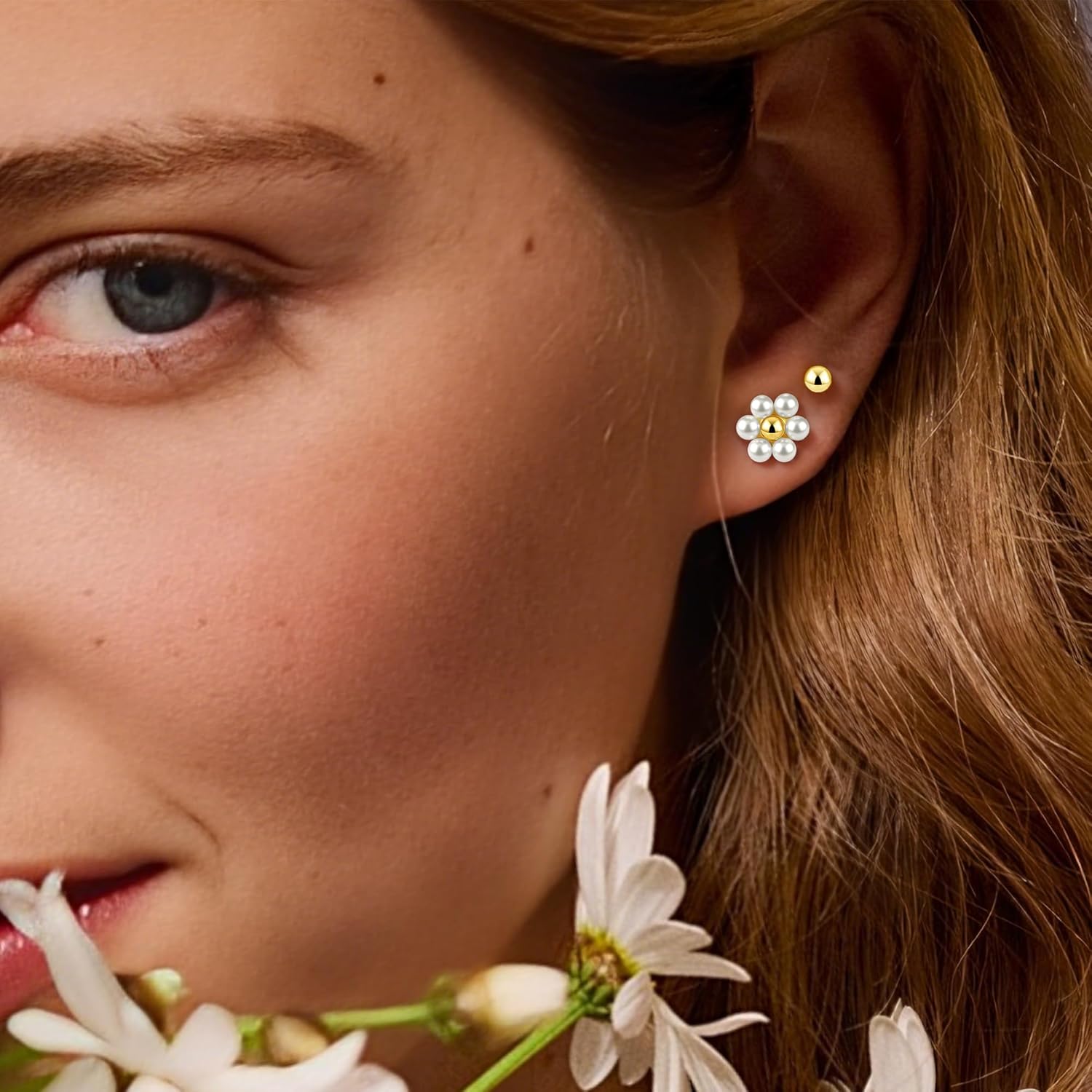 SmileBelle 2 Pairs Valentines Daisy Bow Gold Earrings Set for Women, Pearl Bow Earring for Women X Minimalist earrings Seashell Simple Dainty Earrings, Beach earring Gold Stud Earring for Women Trendy - Image 2