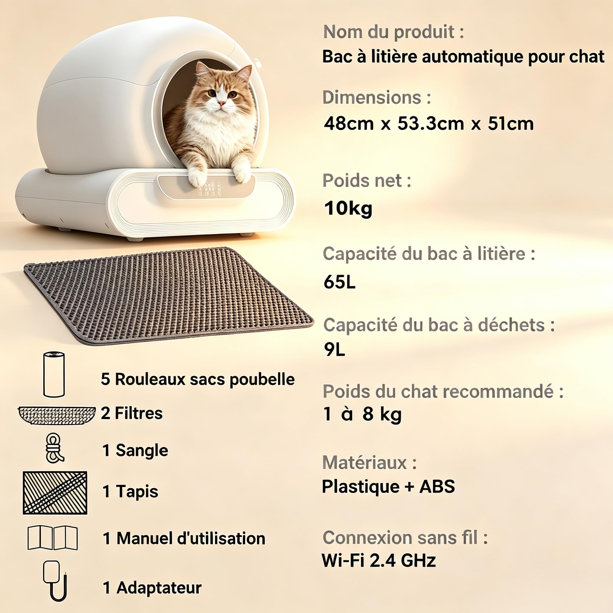 Litière Automatique Autonettoyante 74L pour Chat, Contrôle Via APP, Anti-Pincement, Désodorisation Ionique, avec Tapis et 5 Rouleaux de Sacs, Grande Capacité pour Plusieurs Chats