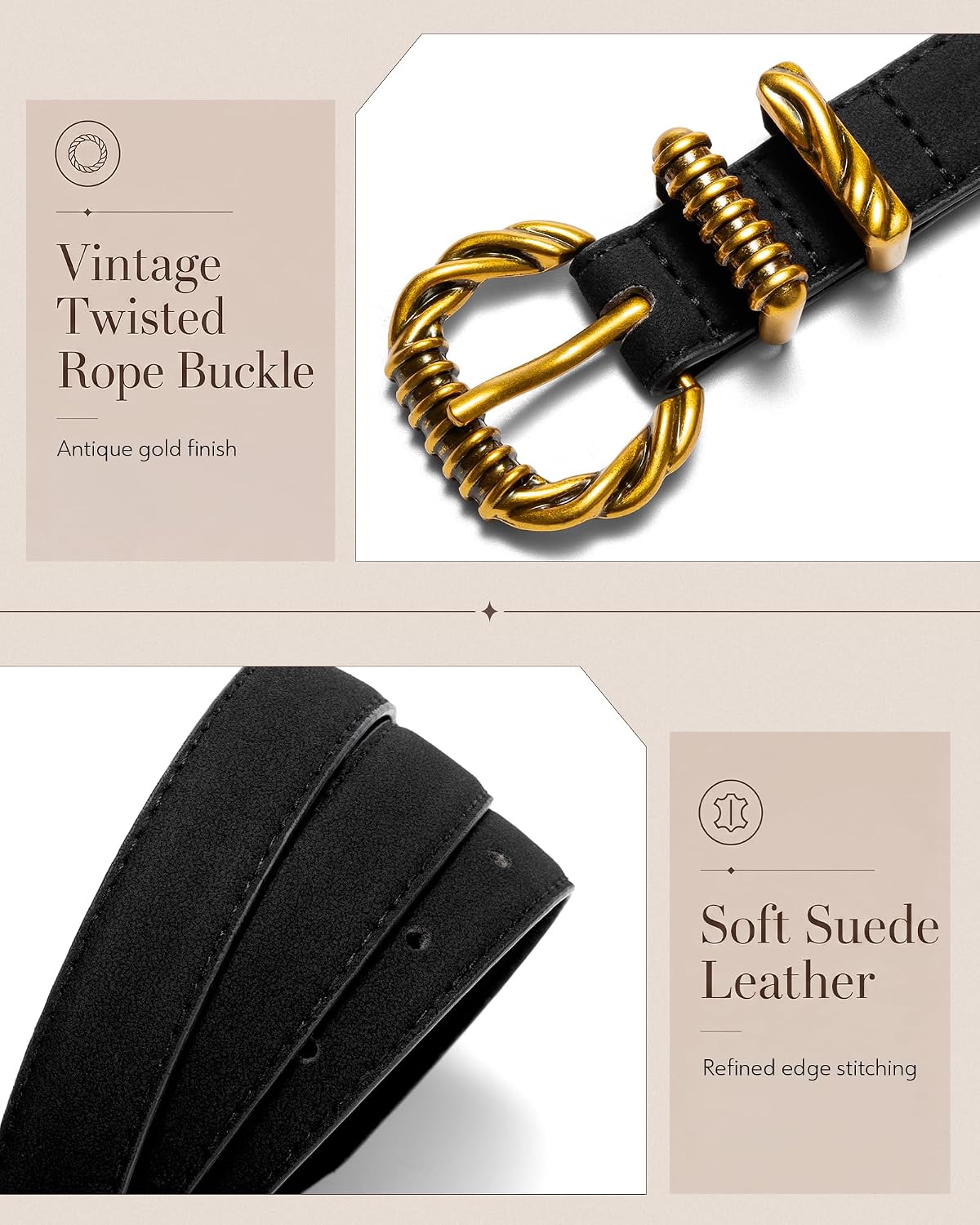 Women’s Suede Belt with Twisted Gold Buckle, Width 0.87" image 4