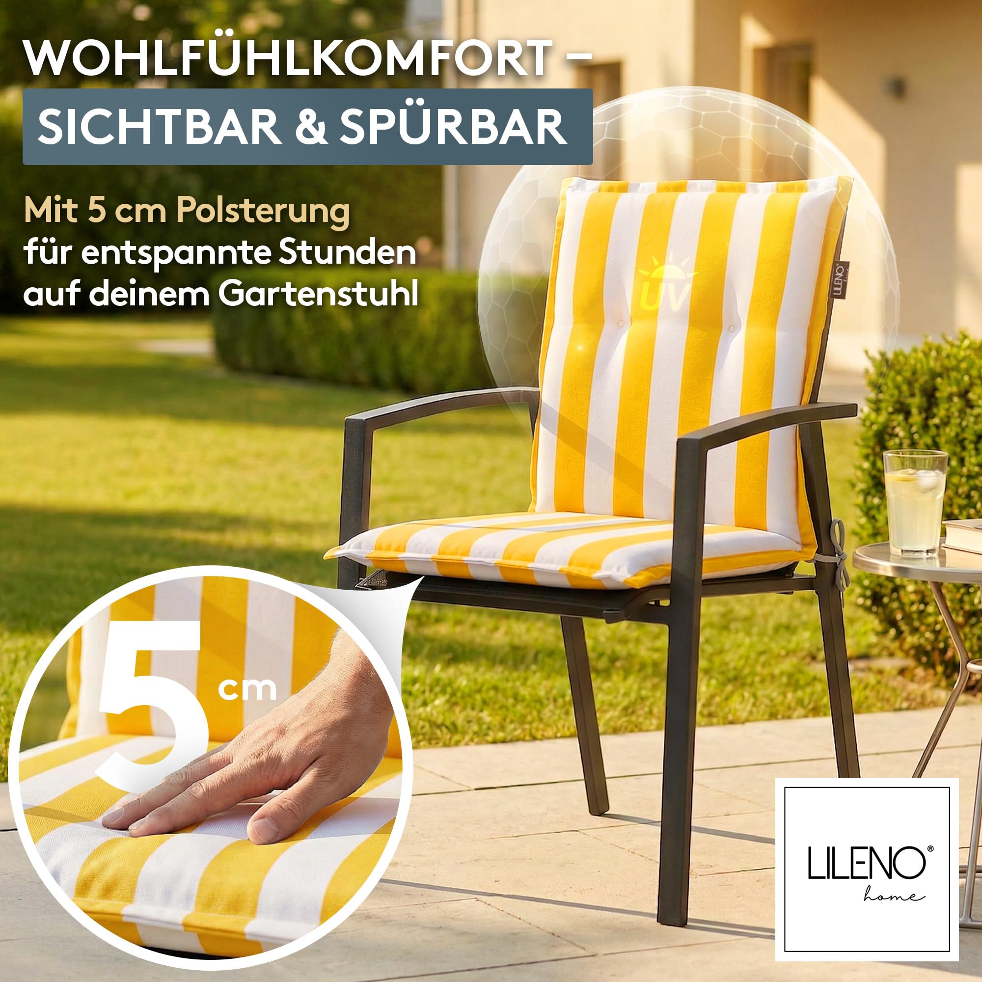 LILENO HOME Gartenstuhl Auflagen als [2er Set - Niedriglehner] in Blockstreifen Gelb - Bequeme Liegen als Sitzauflagen für Gartenmöbel - Stuhlkissen für Gartenstühle und Klappstühle