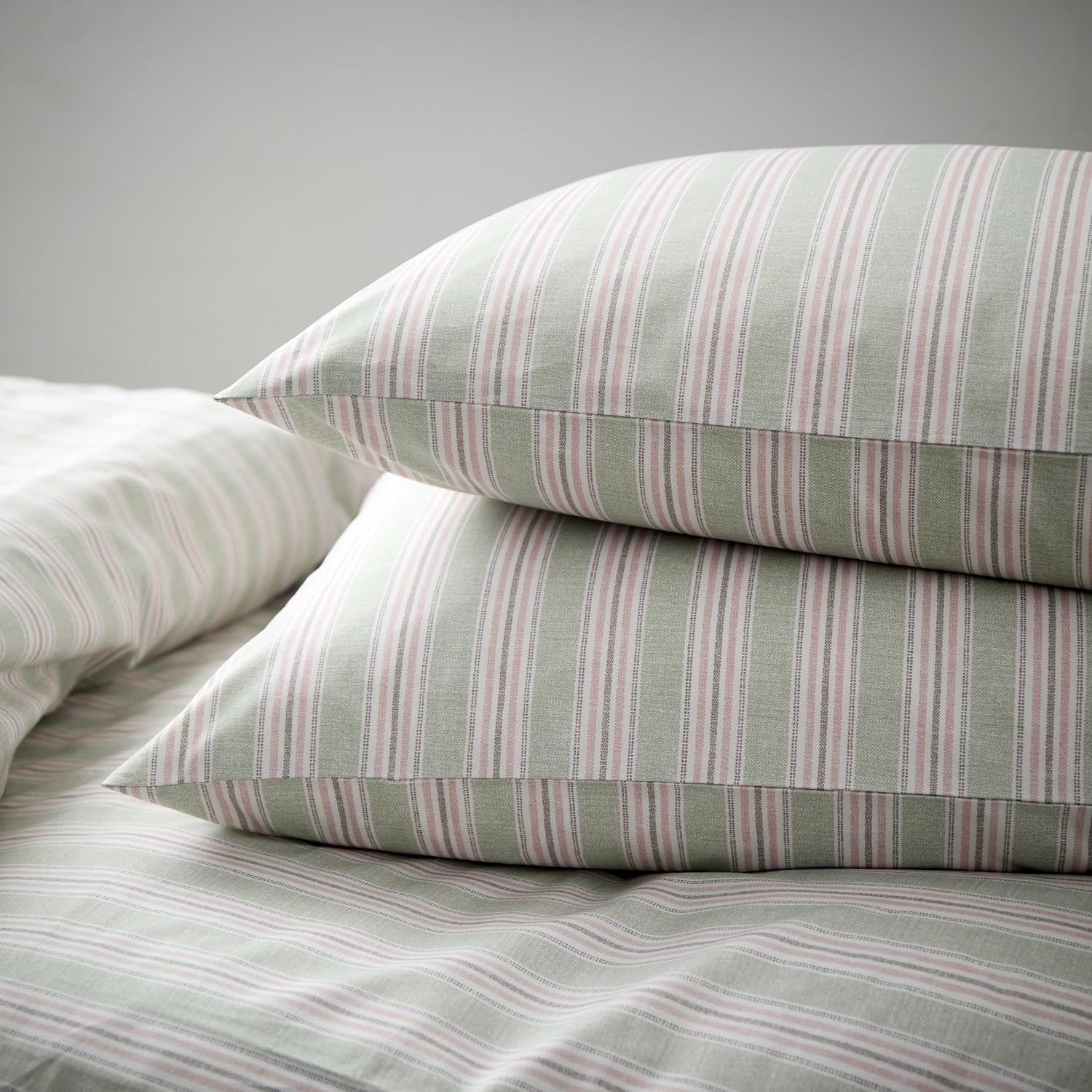 Christy Calder Stripe Standard Pillowcase Pair | 100% Cotton | Cool Crisp Cotton Percale Bedding | Heritage Inspired Variegated Stripes Design | Pink and Green