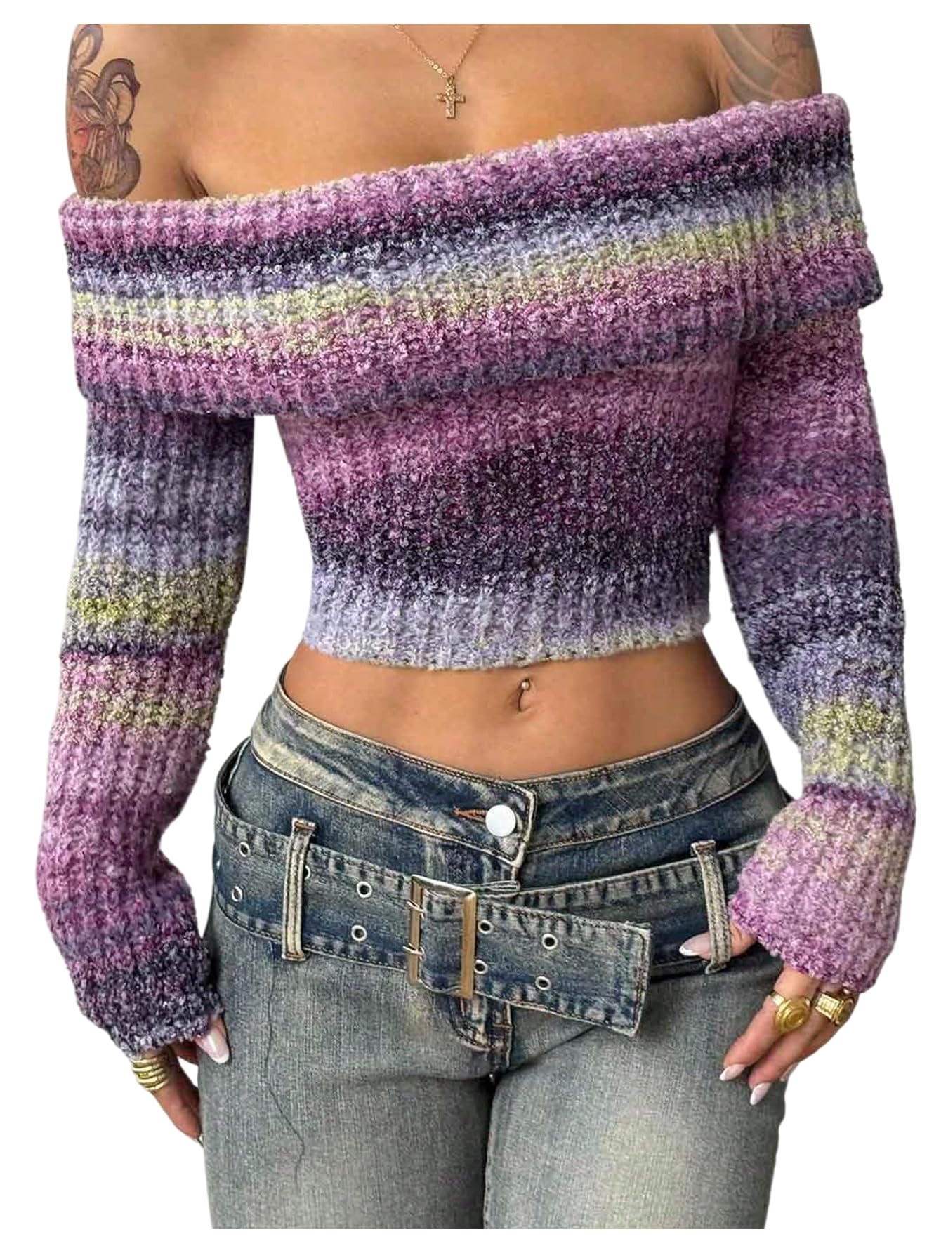 SweatyRocks Womens Off The Shoulder Crop Sweaters Long Sleeve Y2k Pullover Sweater Tops
