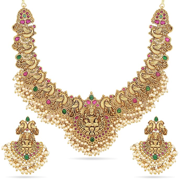 Shining Diva Fashion Latest Stylish Design Fancy Pearl Choker Traditional Temple Necklace Jewellery Set for Women (14822s) (Golden) at Rs. 539