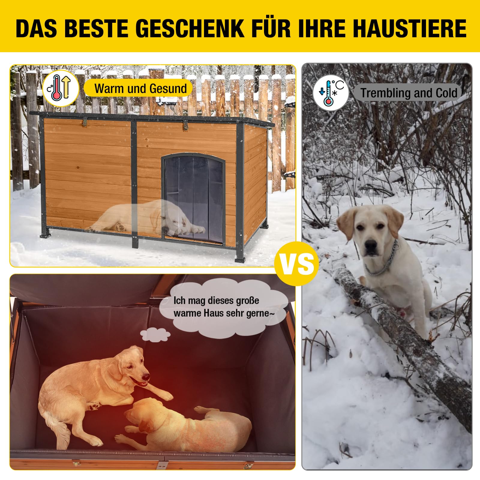 Aivituvin Außen Hundehaus mit isolierter Futterung, wasserdichter extra groß Hundekennel für den Winter, geeignet für kleine, mittlere und große Hunde, mit Stahlrahmen (Braun)