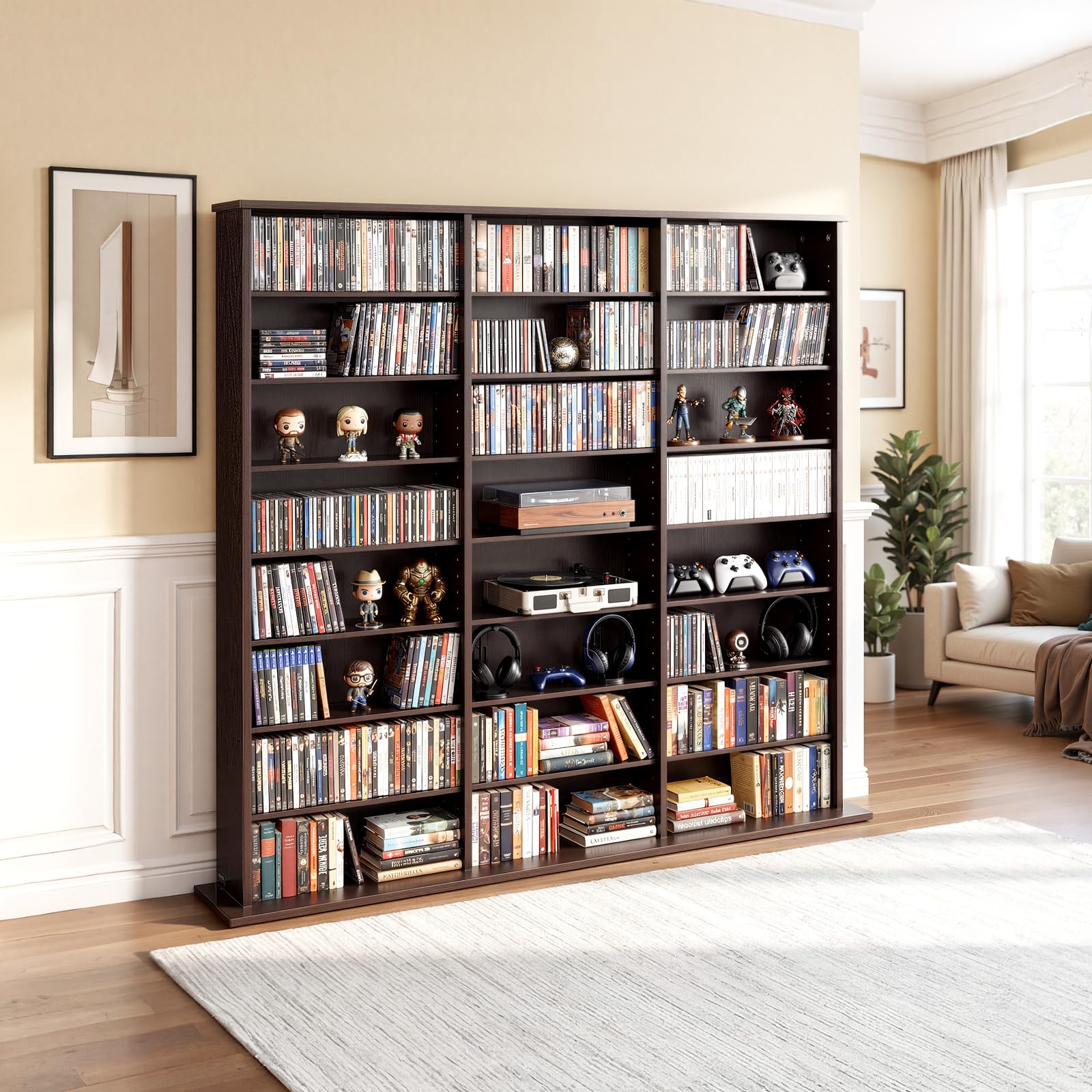 VEVOR DVD-Regal mit 24 Fächern (8 Ebenen), Medienregal Standregal 142 x 22 x 130 cm, Platzsparendes Aufbewahrungsregal für CDs DVDs Bücher Spiele-Discs, Bücherregal für Wohnzimmer/Homeoffice, Braun