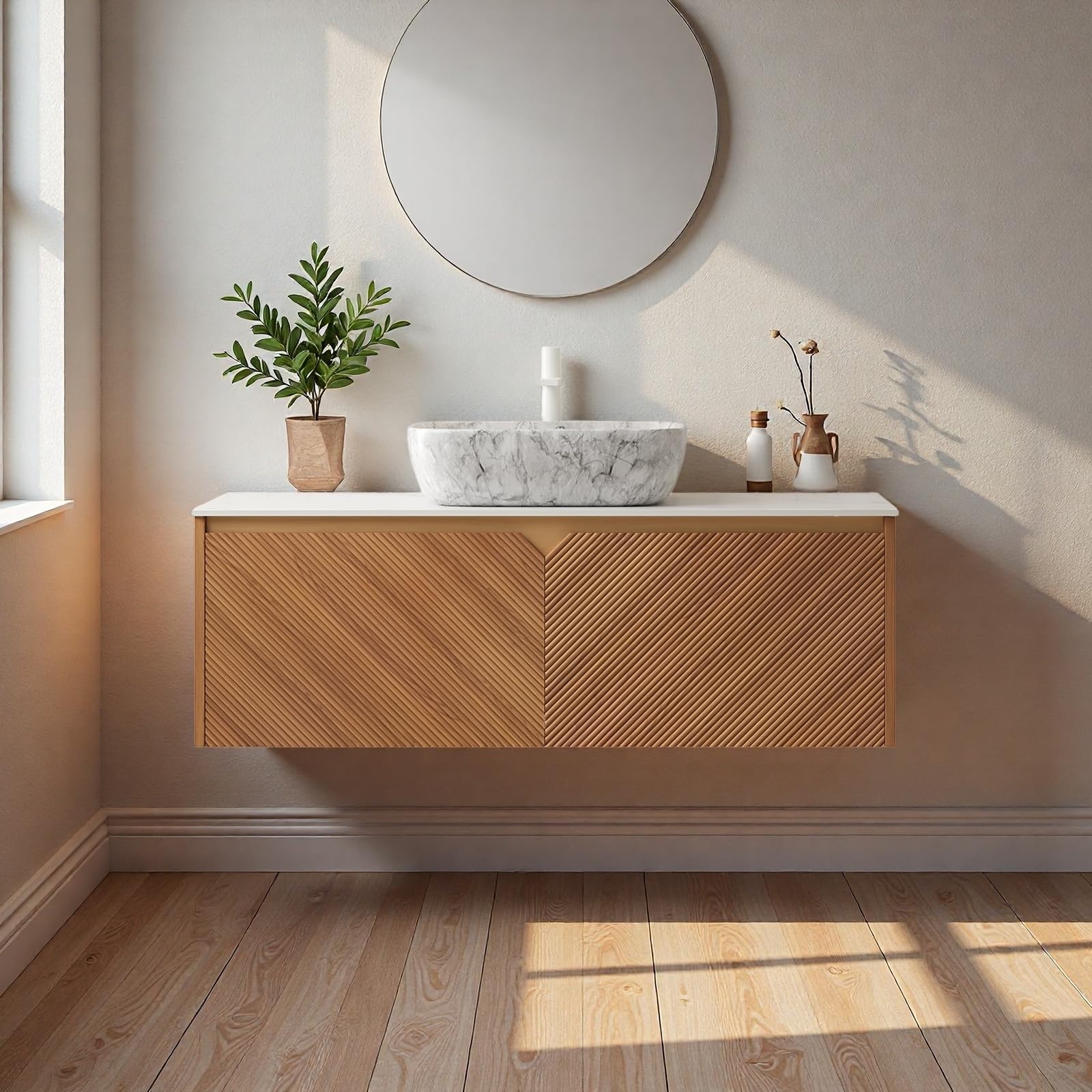 Front view of the Trygoal 48-inch floating bathroom vanity with its brown oak finish and twill pattern doors, featuring a white sintered stone countertop and a marble-pattern ceramic vessel basin.