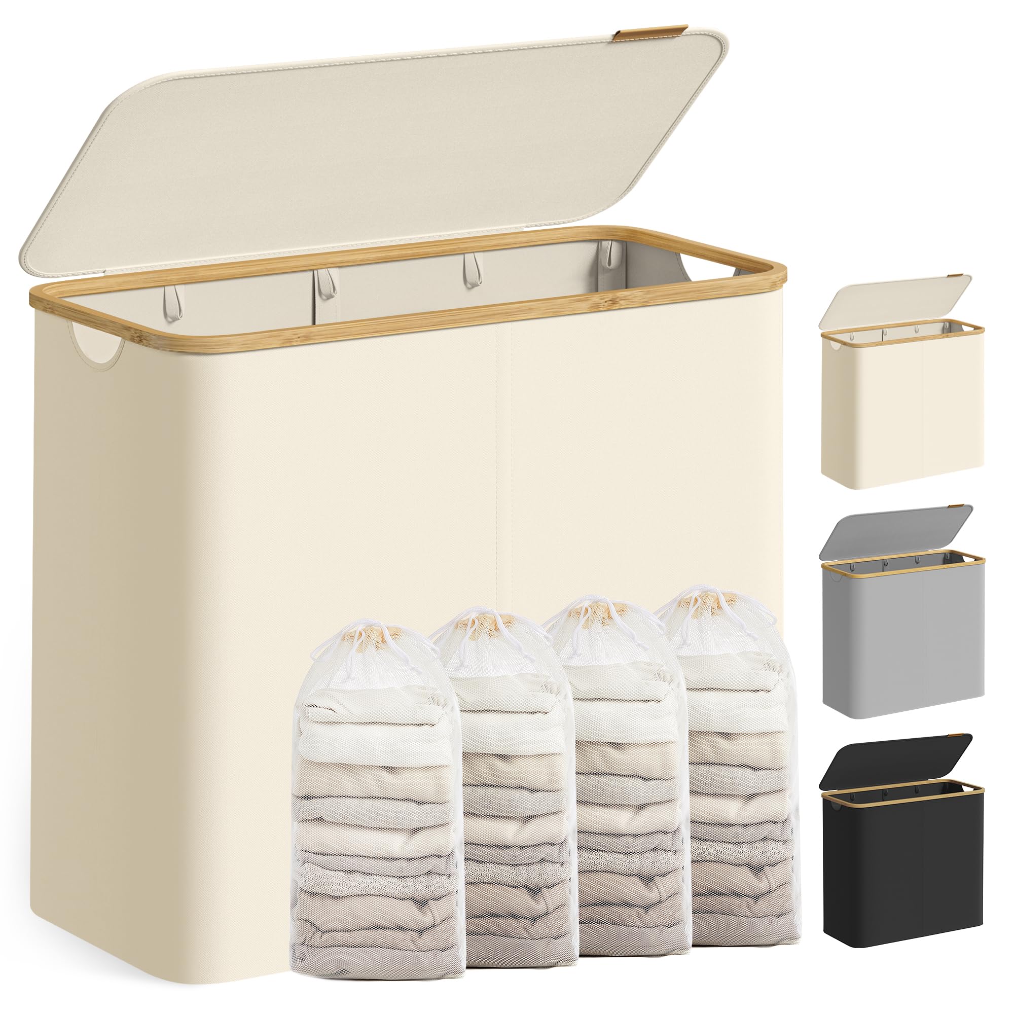 Songmics Cream White Laundry Basket With Lid, 4-Section Large Laundry Hamper, 200 L, Removable Mesh Liner, Oxford Fabric, Bamboo Handles, Collapsible, 78 X 38.5 X 70.5 Cm, Lcb514wd01