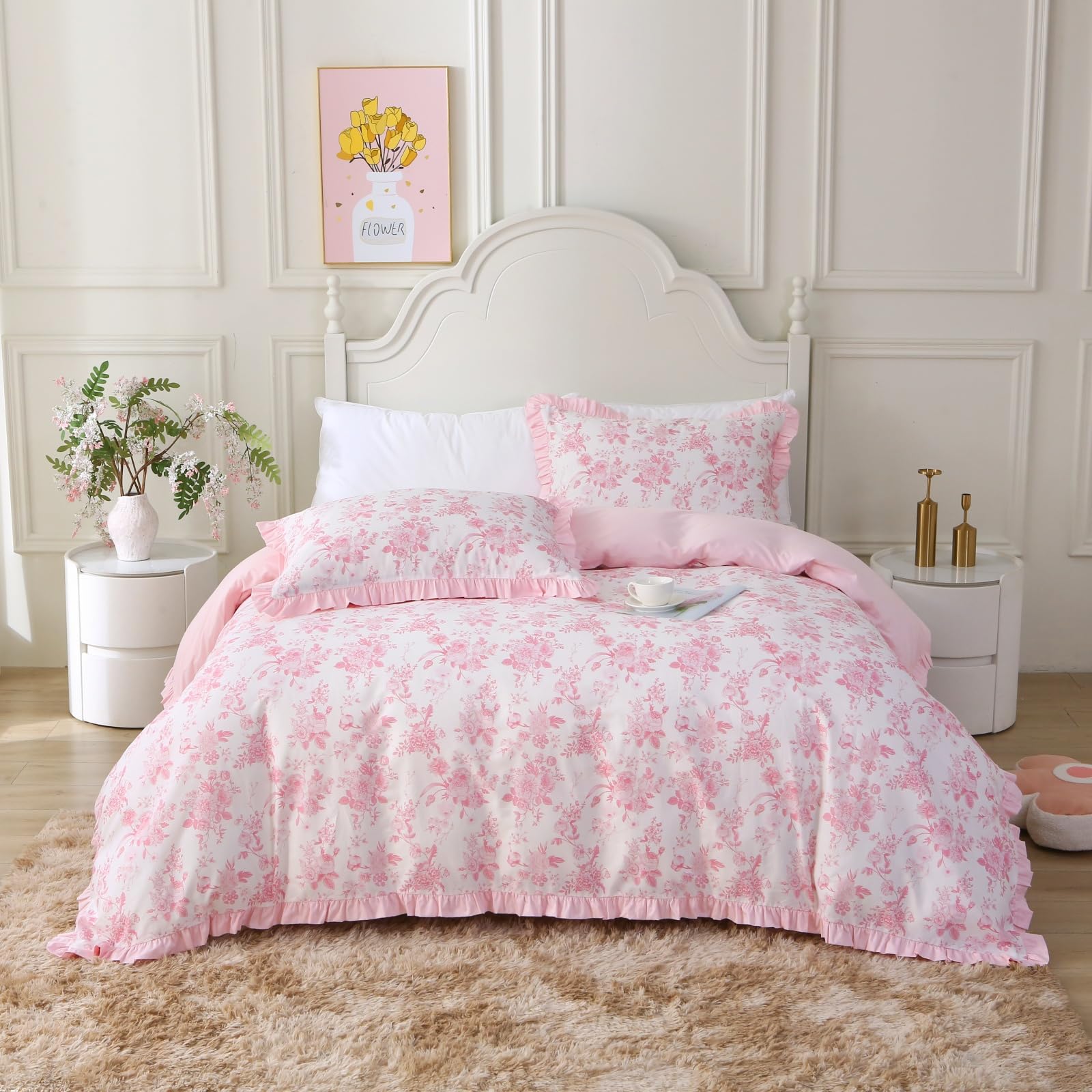 USTIDE 3 Pcs Romantic Pink Flower Duvet Cover Set King Size 100% Cotton Lace Flower Bedding Set Pink Comforter Cover Set Romantic Quilt Cover Set Zipper Corner Ties