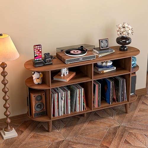 Miniatura 6 de Soporte grande redondo para tocadiscos con estación de carga y puertos USB, gabinete de almacenamiento para discos de vinilo, mesa para tocadiscos