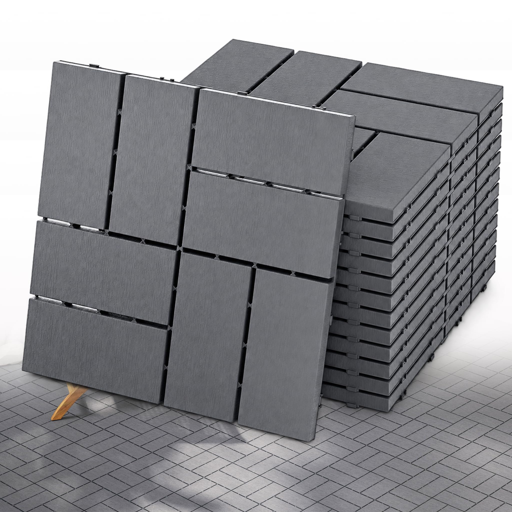 LARS360 Plastic Decking Tiles 30x30 cm, 11 Tiles, Anthracite Brick Pattern