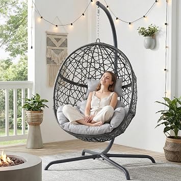 BULEXYARD Oversized Hanging Egg Chair with Stand, Indoor Outdoor Grey Wicker Bird Cage Swing Chair, Patio Hammock Egg-Shaped Chair with Light Grey Cushion for Sunroom, Deck, 350lbs Capacity