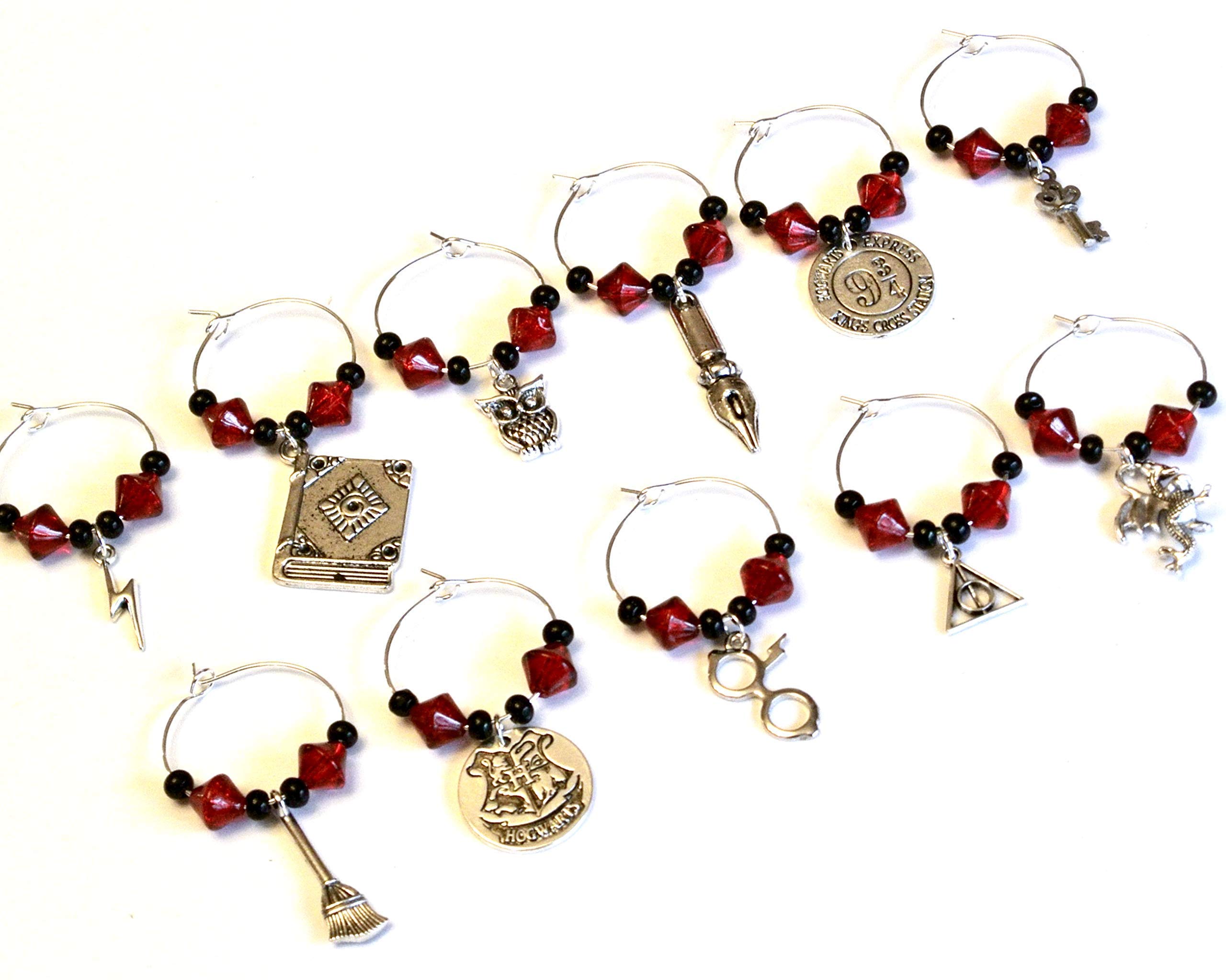 Harry Potter Wine Glass Charms with Red and Black Beads (Set of 11)