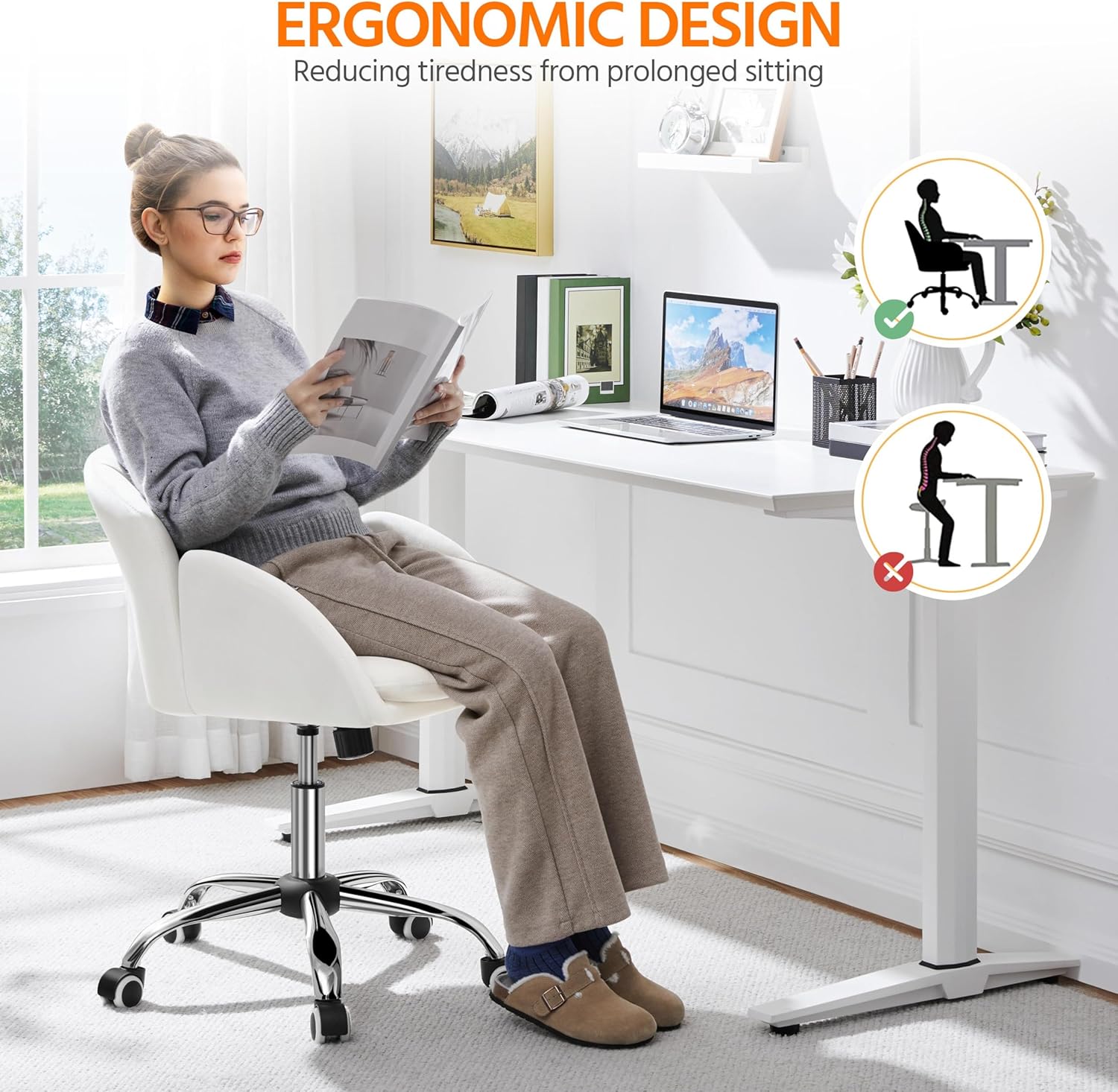 Yaheetech White Desk Chair Vanity Chair with Back Modern Faux Leather Swivel Rolling Office Computer Armchair for Living Room, Bedroom