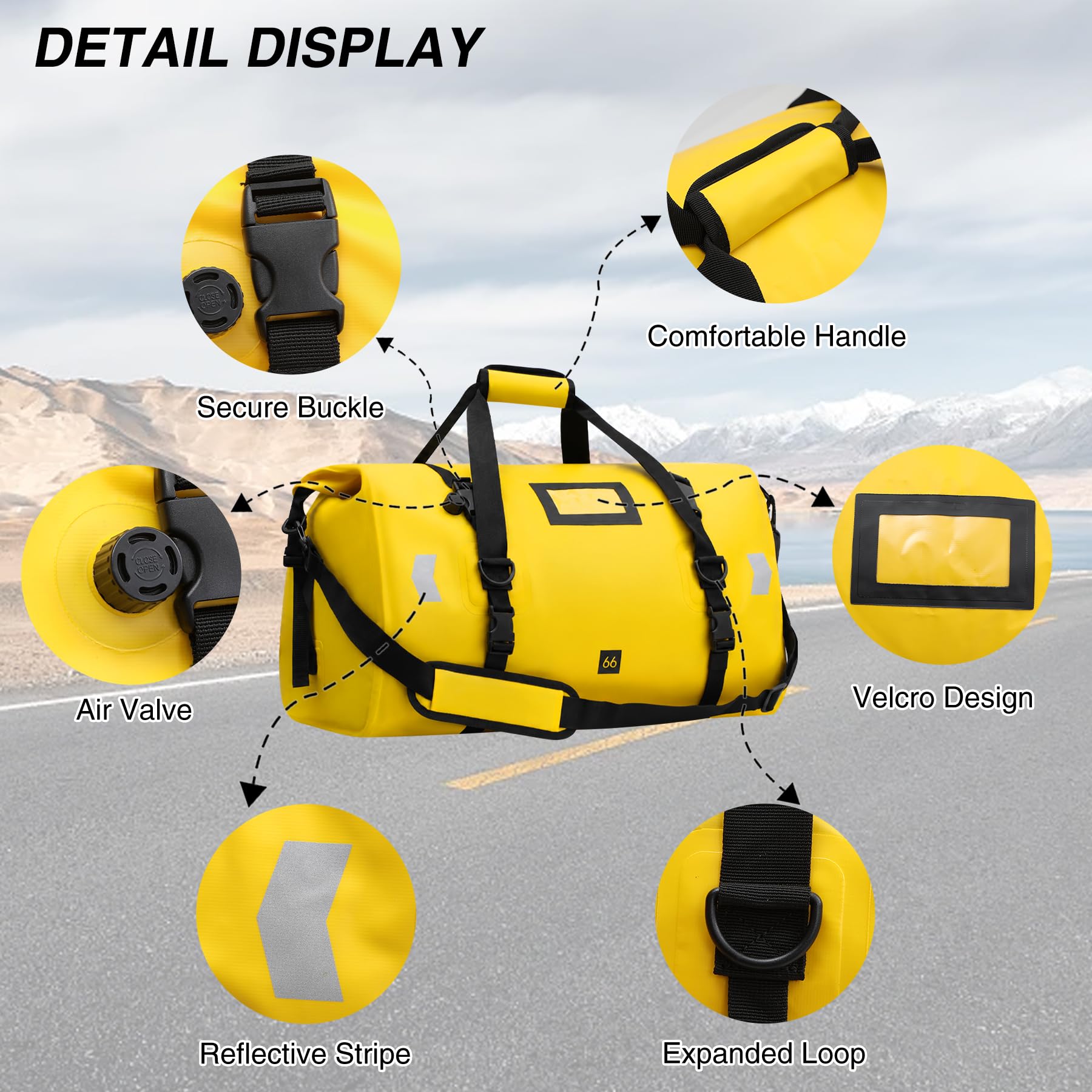 REDCAMP wasserdichte Reisetasche 66L, Rolltop, 500D PVC, Motorradtasche | Dry Bag mit Rollverschluss, abnehmbaren Schultergurten & Reflexstreifen, ideal für Motorrad Boot Camping Angeln Wassersport