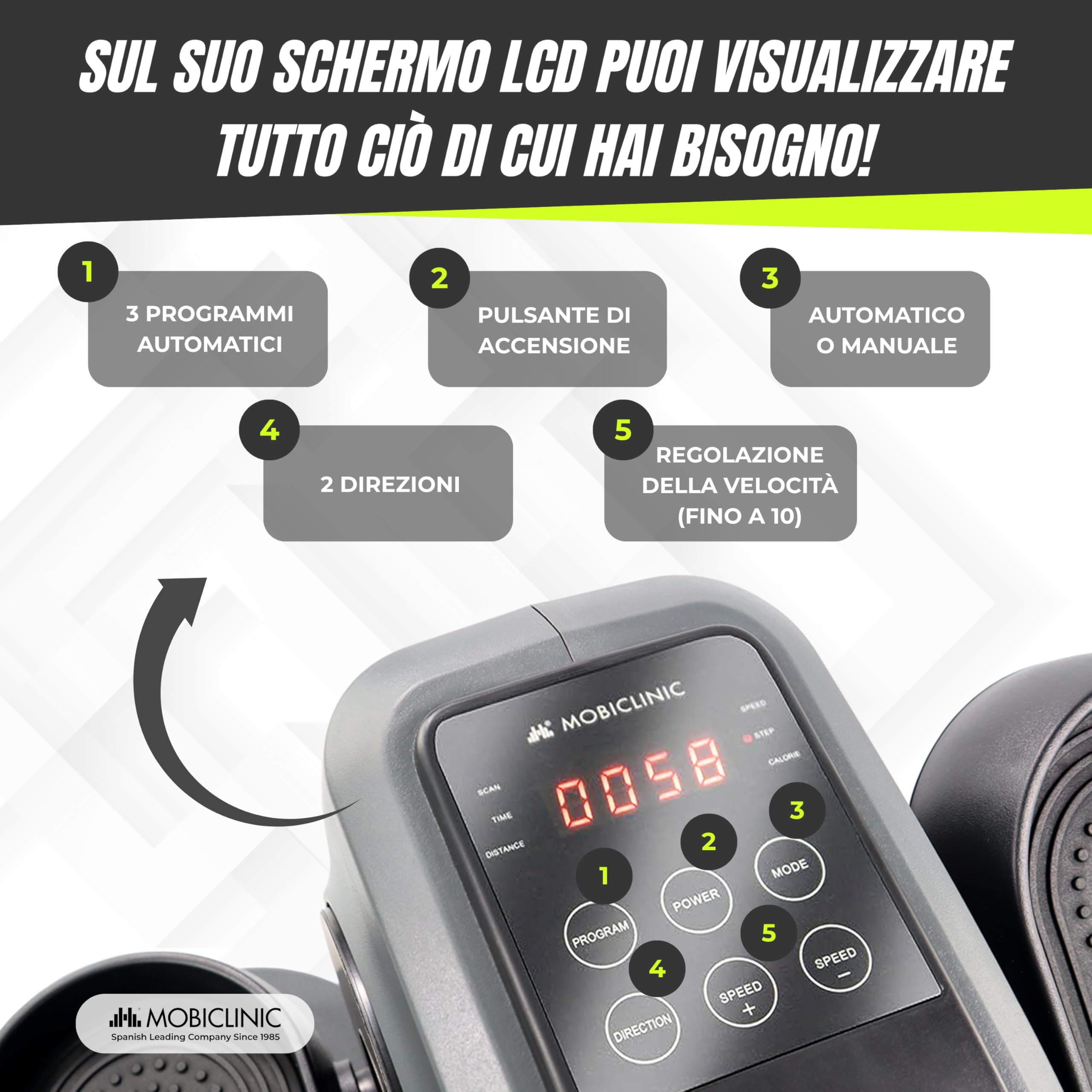 Mobiclinic® fitness, Mini cyclette, Veleta, Ellittica, 10 velocità, 3 programmi, Display lcd, Resistenza regolabile, Telecomando, Pedali elettrici, Silenzioso, Bike, Esercizio passivo