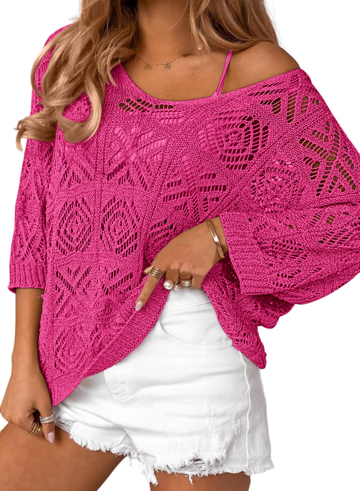 Photo 1 of **light blue** ATHMILE Off The Shoulder Tops Womens Spring Cruise Outfits Summer Beach Cover up Crochet Hollow Out 3/4 Sleeve Pullover Sweater Vacation Clothes Light Blue, xxl