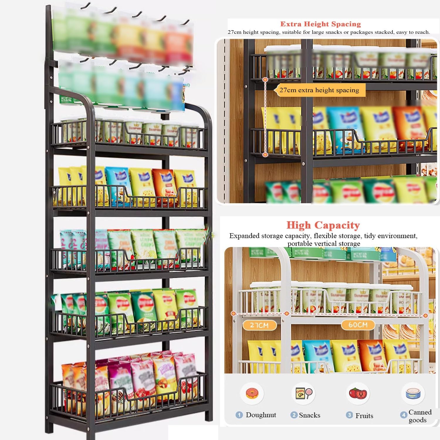 Estantes metálicos de 5 Niveles para Snacks y Dulces, Expositor de supermercado en Blanco y Negro con Ganchos, Organizador Grande para Cocina, despensa y Cine en casa (60 x 27 x 166 cm)