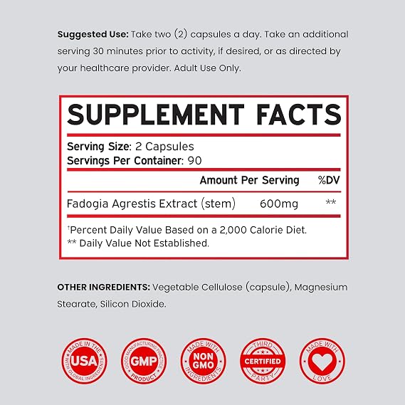 Fadogia Agrestis 600mg Extract - (180 Capsules) - [Maximum Strength] - Strength, Drive, Athletic Performance, Muscle Mass - Third Party Tested - Zero Fillers - Gluten Free, Non-GMO, Vegan Capsules