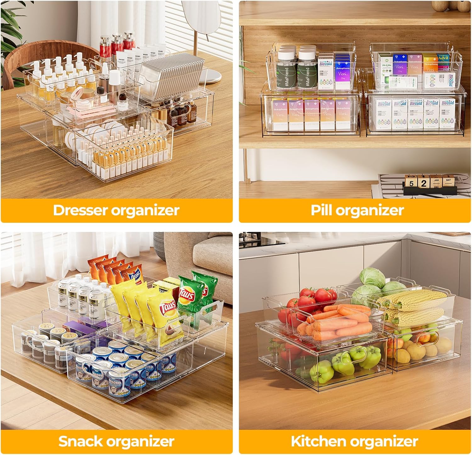 Refrigerator Organizer Bins with Pull-out Drawer 6 Pack Stackable Clear Fridge Drawer Organizer Fruit Vegetable Storage Containers for Kitchen Pantry Organization (2 Large+4 Medium) - Image 6