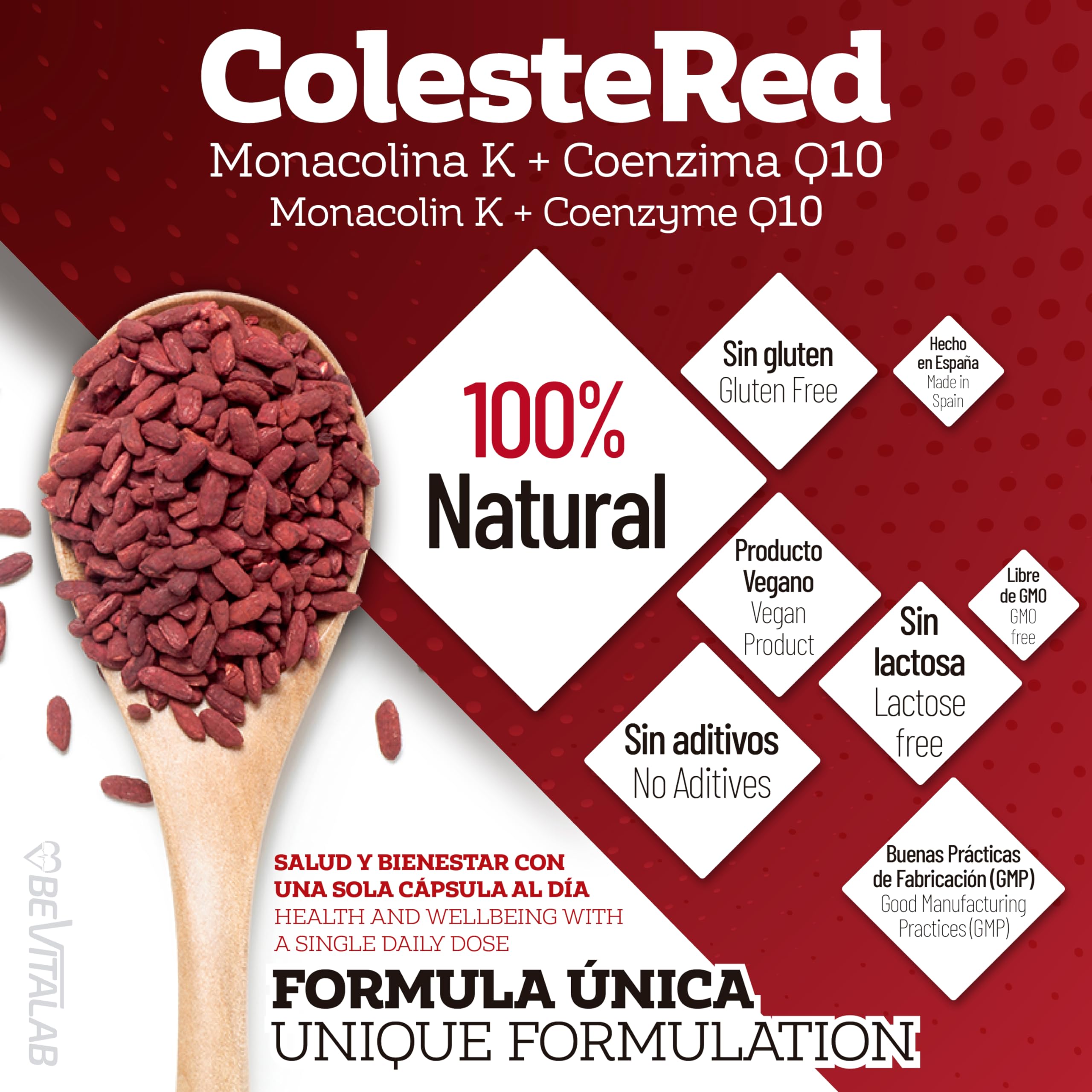 Colestered para Regular Nivel de Colesterol y Salud Cardiovascular, Levadura de Arroz Rojo con Monacolina K, CoQ10, Vitamina B6, Suplemento Alimenticio, 60 Cápsulas, Fabricado en España